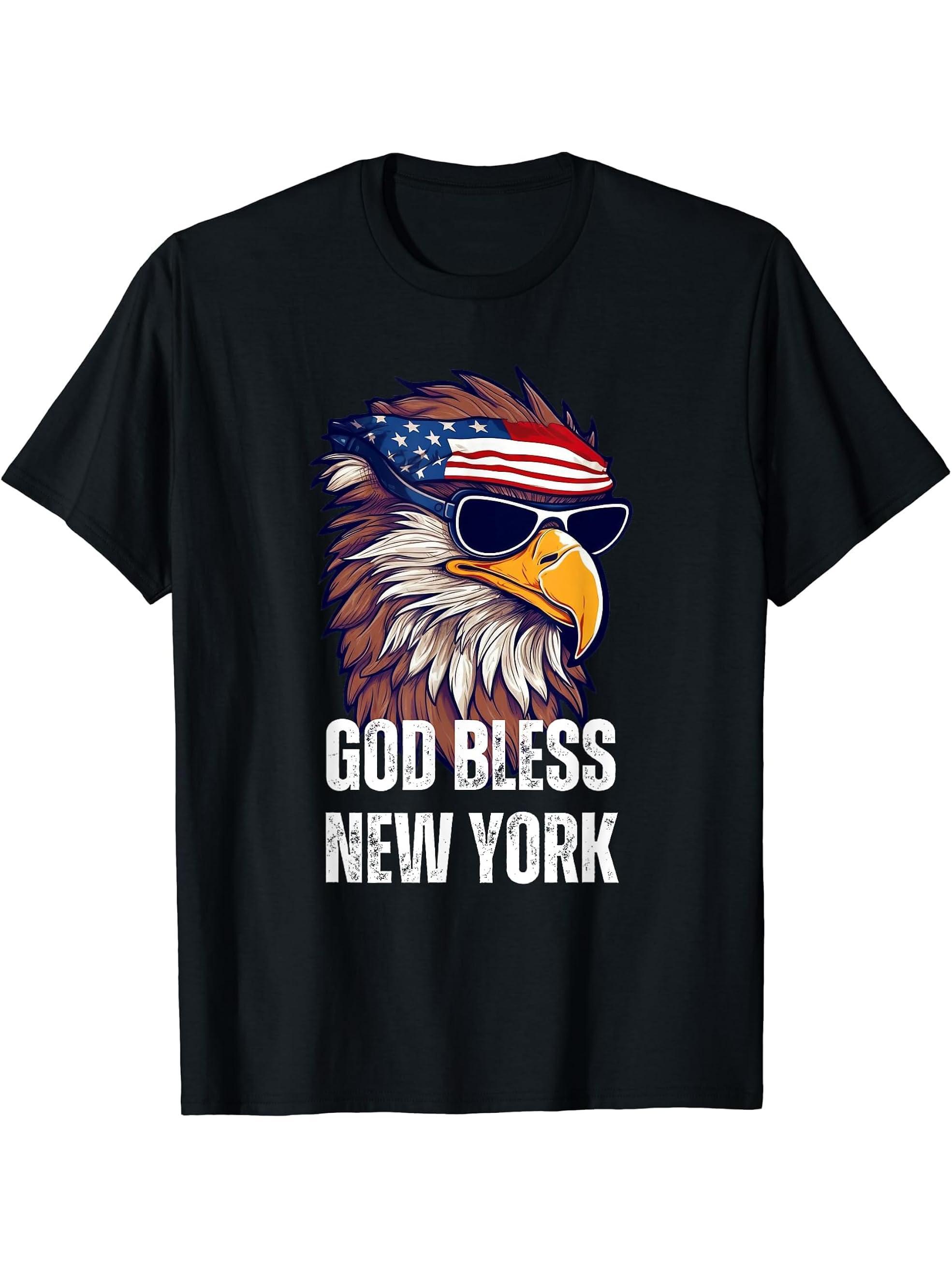 God Bless New York - Patriotic Bald Eagle American Flag T-Shirt 180G 100% Cotton Printed Round Neck Short-Sleeve T-Shirt, Gifts for Men Dad Husband Grandpa, S-XXXL, Black