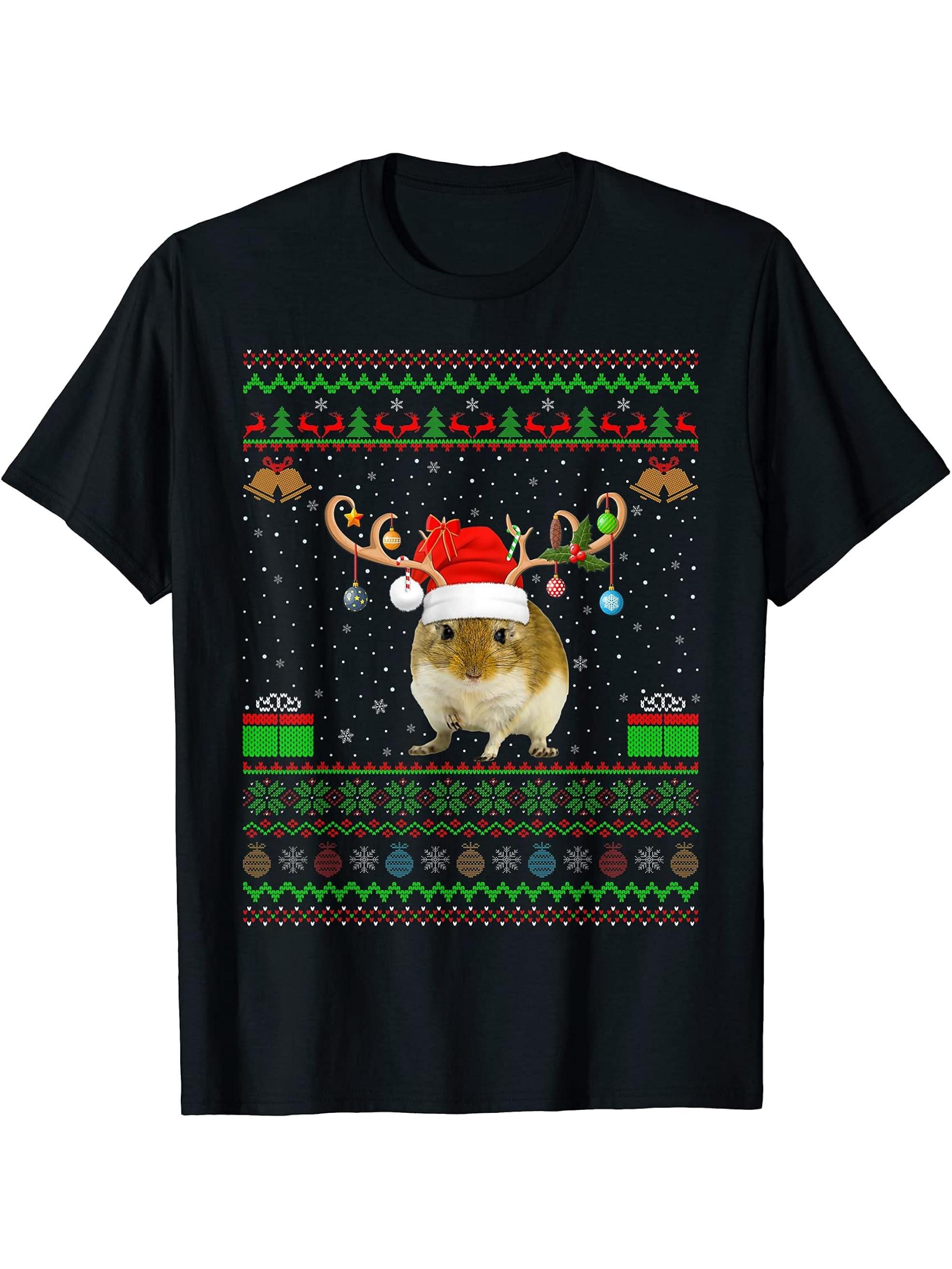 Gerbil Lover Santa Hat Matching Ugly Gerbil Christmas T-Shirt 180G 100% Cotton Printed Round Neck Short-Sleeve T-Shirt, Gifts for Men Dad Husband Grandpa, S-XXXL, Black