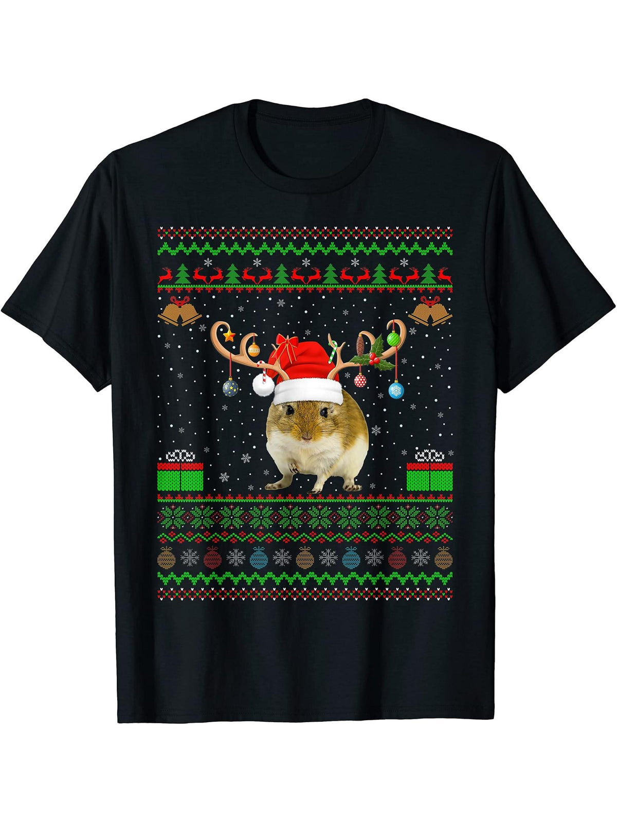 Gerbil Lover Santa Hat Matching Ugly Gerbil Christmas T-Shirt 180G 100% Cotton Printed Round Neck Short-Sleeve T-Shirt, Gifts for Men Dad Husband Grandpa, S-XXXL, Black
