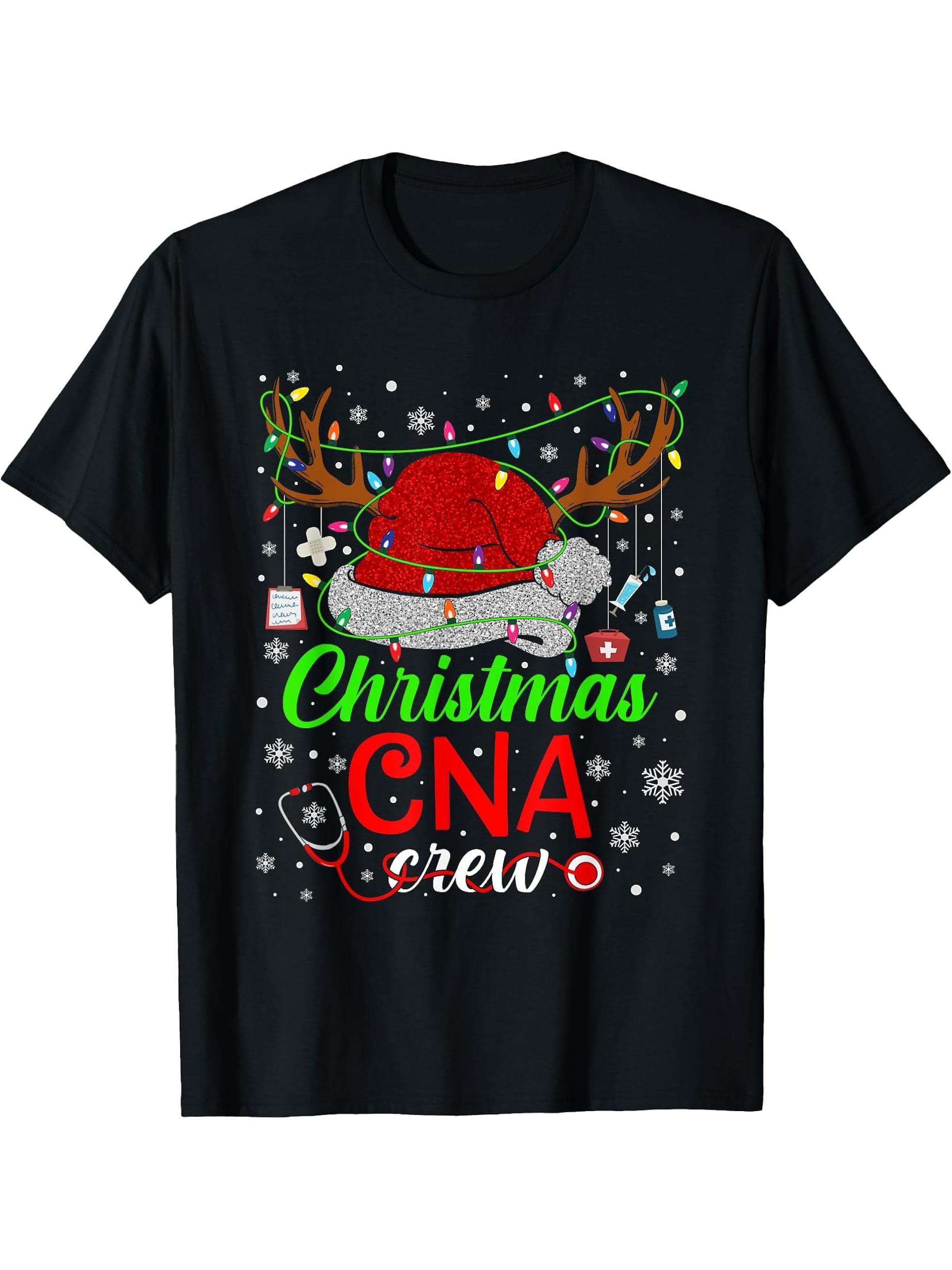 Christmas CNA Nurse Crew Santa Nurse Life Funny Xmas Pajama T-Shirt 180G 100% Cotton Printed Round Neck Short-Sleeve T-Shirt, Gifts for Men Dad Husband Grandpa, S-XXXL, Black