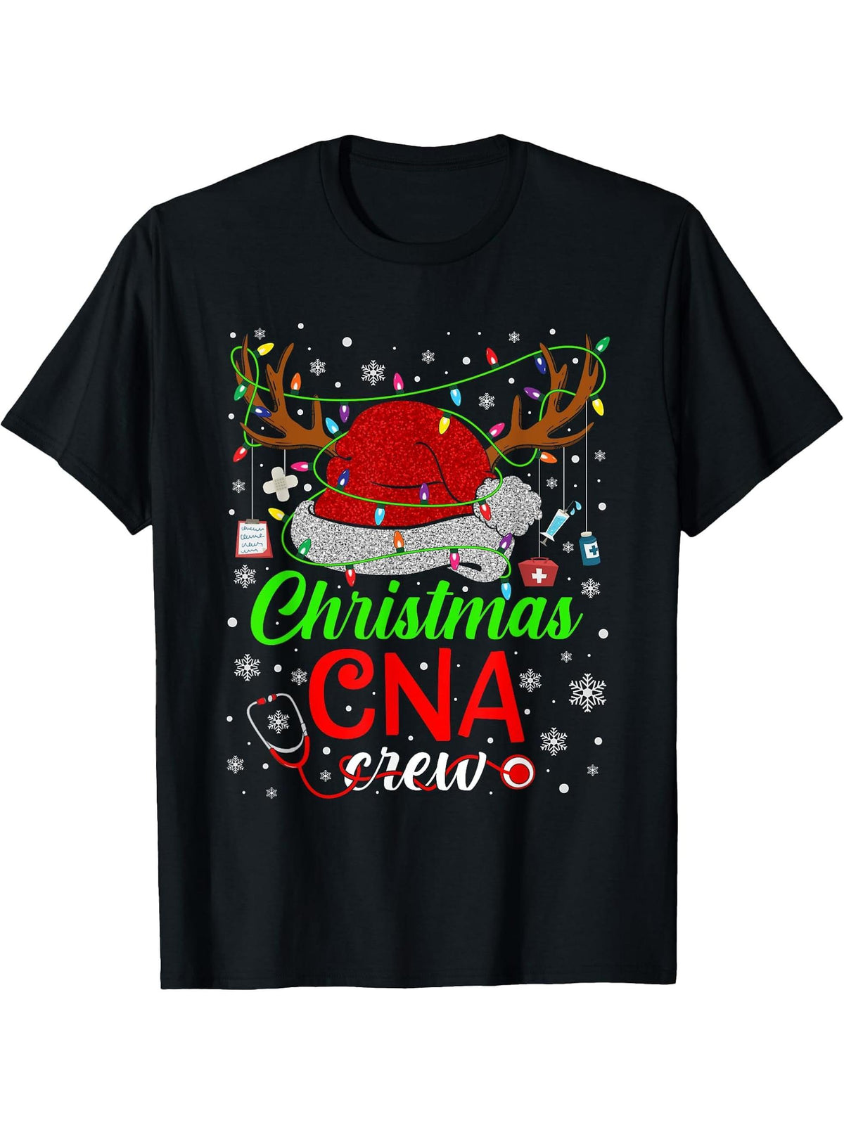 Christmas CNA Nurse Crew Santa Nurse Life Funny Xmas Pajama T-Shirt 180G 100% Cotton Printed Round Neck Short-Sleeve T-Shirt, Gifts for Men Dad Husband Grandpa, S-XXXL, Black