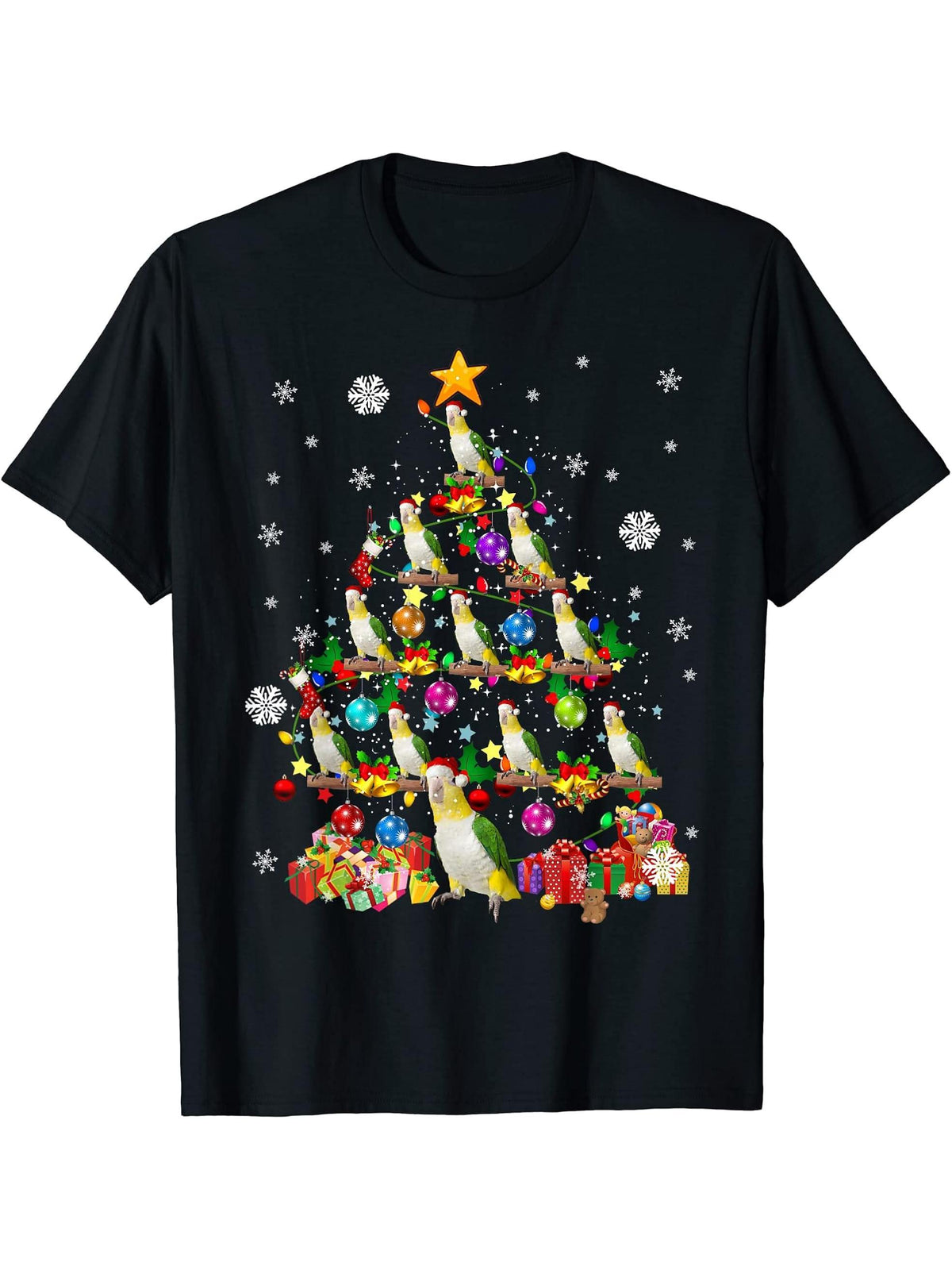 Santa Caique Birds Christmas Tree Lights Santa Parrots Birds T-Shirt 180G 100% Cotton Printed Round Neck Short-Sleeve T-Shirt, Gifts for Men Dad Husband Grandpa, S-XXXL, Black