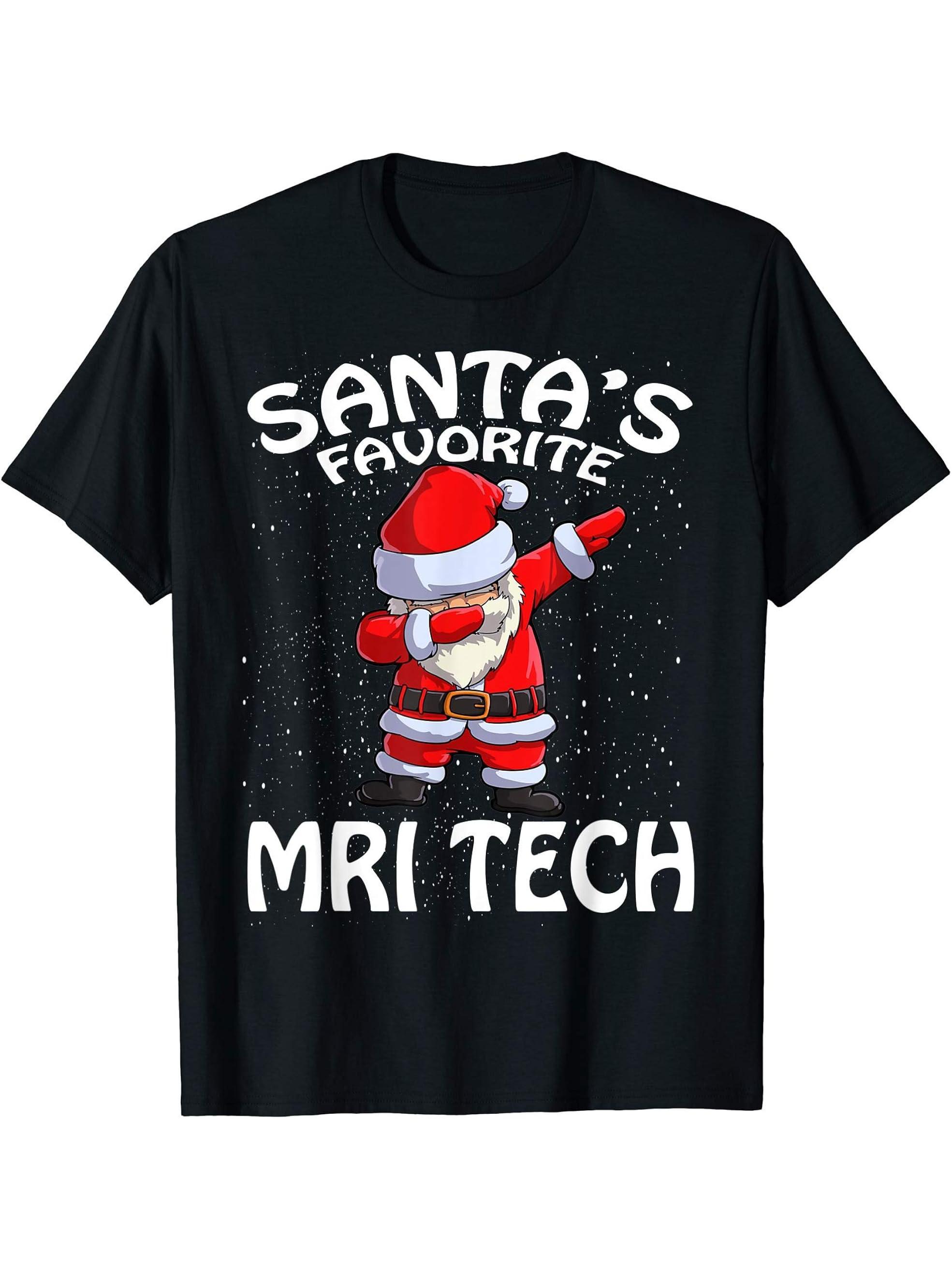 Santa's Favorite MRI Tech Santa Christmas T-Shirt 180G 100% Cotton Printed Round Neck Short-Sleeve T-Shirt, Gifts for Men Dad Husband Grandpa, S-XXXL, Black