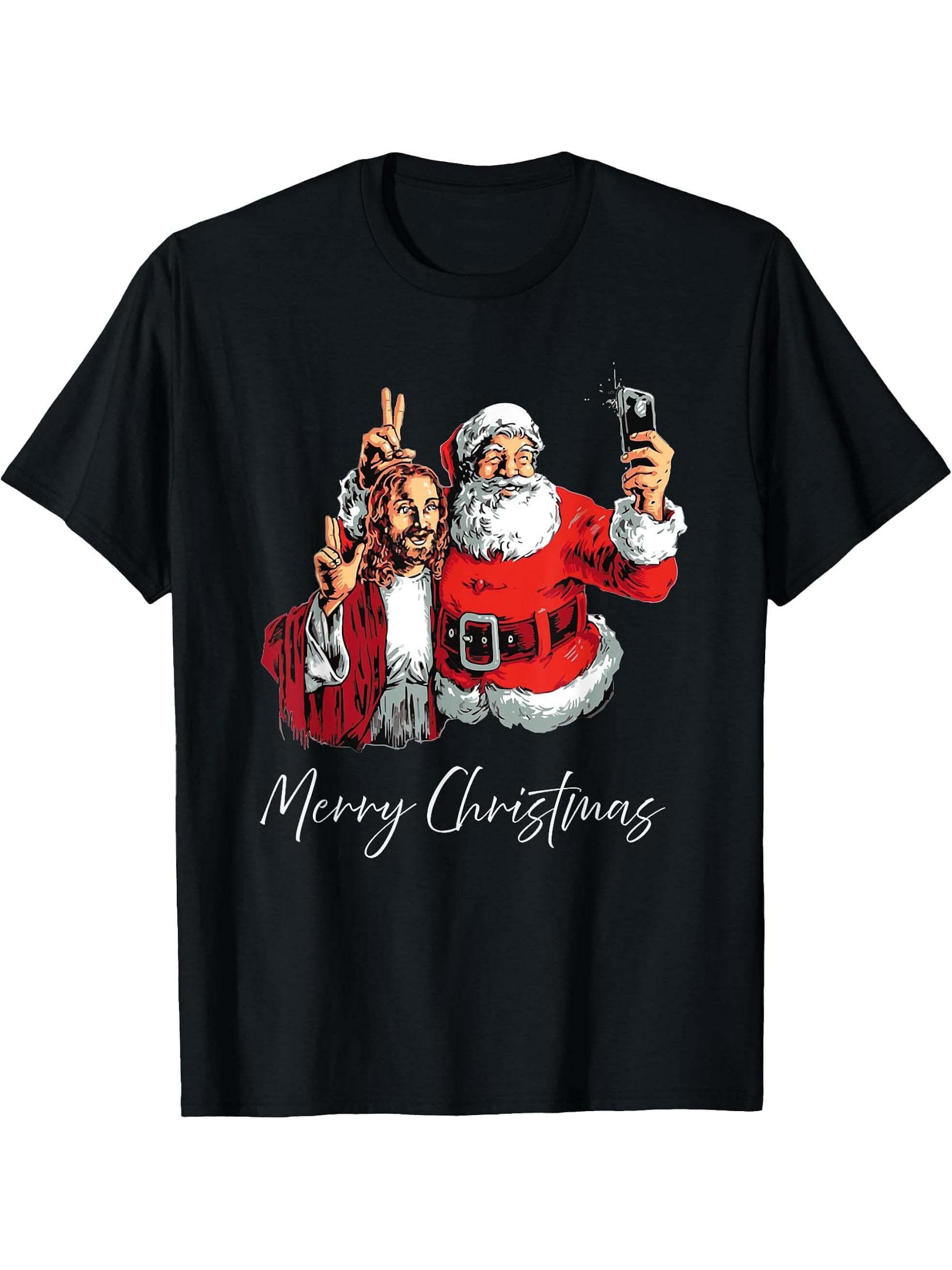 Merry Christmas Santa Jesus Selfie Funny Xmas Pajama T-Shirt 180G 100% Cotton Printed Round Neck Short-Sleeve T-Shirt, Gifts for Men Dad Husband Grandpa, S-XXXL, Black