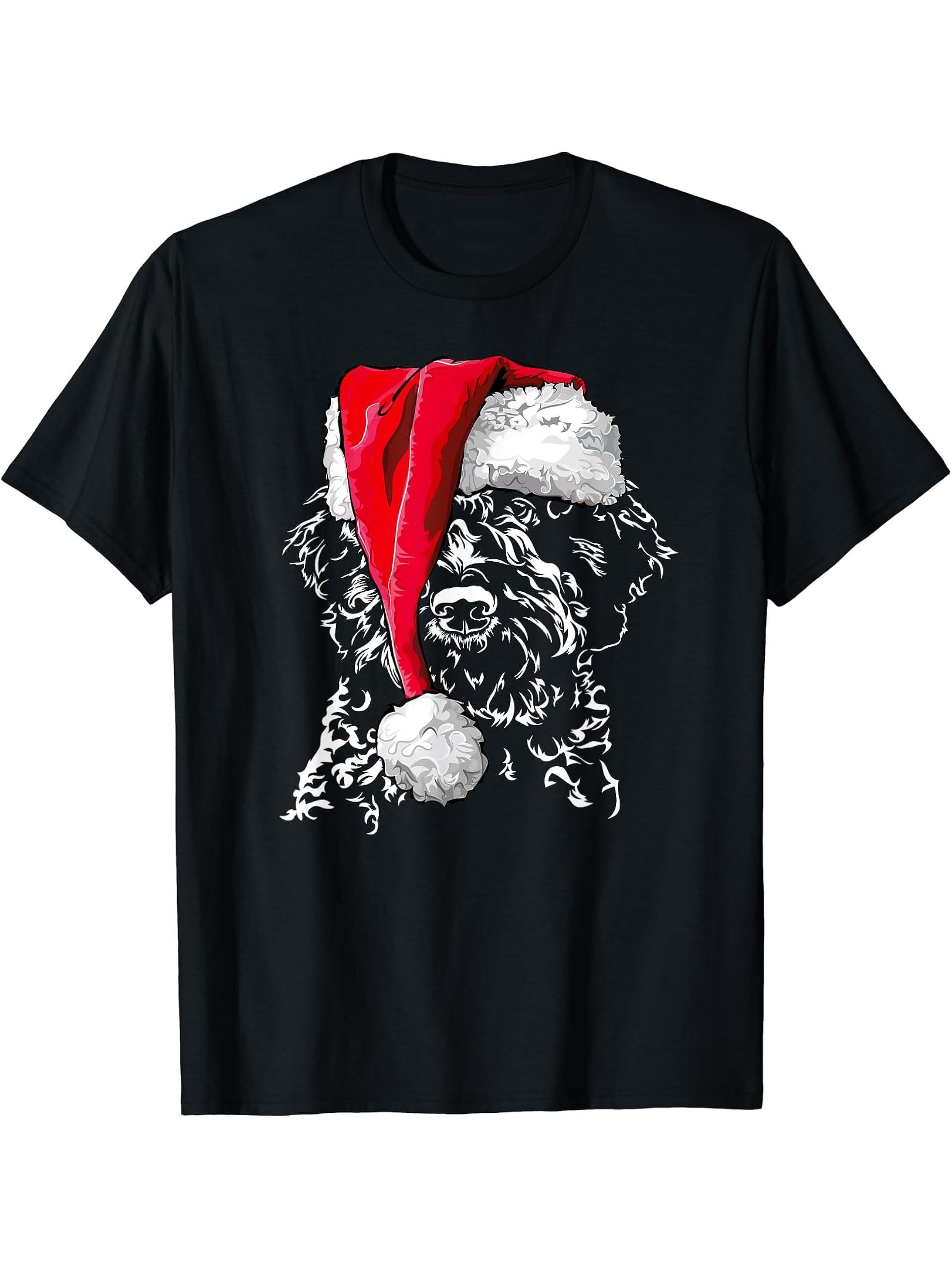 Funny Lagotto Romagnolo Santa Christmas dog mom gift present T-Shirt 180G 100% Cotton Printed Round Neck Short-Sleeve T-Shirt, Gifts for Men Dad Husband Grandpa, S-XXXL, Black