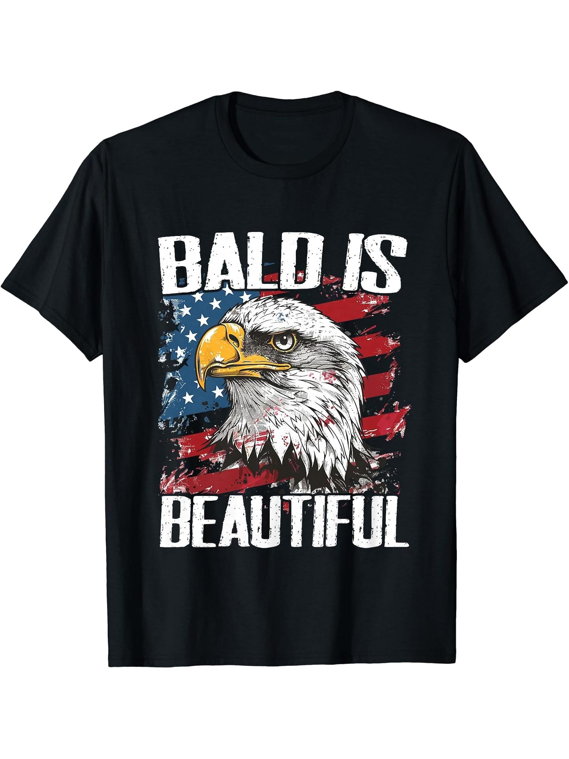 Bald Is Beautiful 4th of July Independence Day Bald Eagle T-Shirt 180G 100% Cotton Printed Round Neck Short-Sleeve T-Shirt, Gifts for Men Dad Husband Grandpa, S-XXXL, Black