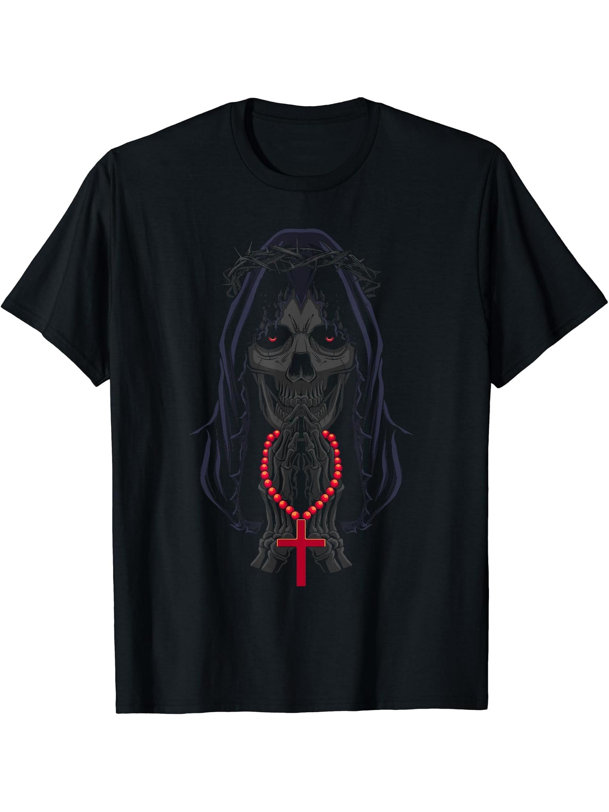 Day of the Dead Prayers - La Calavera Catrina Santa Muerte T-Shirt 180G 100% Cotton Printed Round Neck Short-Sleeve T-Shirt, Gifts for Men Dad Husband Grandpa, S-XXXL, Black