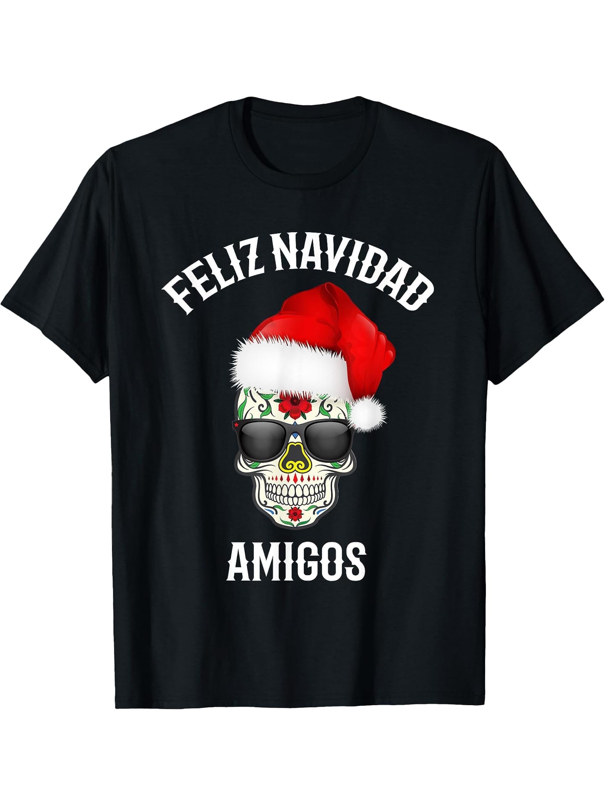 Feliz Navidad Amigos Santa Hat Sugar Skull Christmas Shirt T-Shirt 180G 100% Cotton Printed Round Neck Short-Sleeve T-Shirt, Gifts for Men Dad Husband Grandpa, S-XXXL, Black
