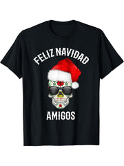 Feliz Navidad Amigos Santa Hat Sugar Skull Christmas Shirt T-Shirt 180G 100% Cotton Printed Round Neck Short-Sleeve T-Shirt, Gifts for Men Dad Husband Grandpa, S-XXXL, Black
