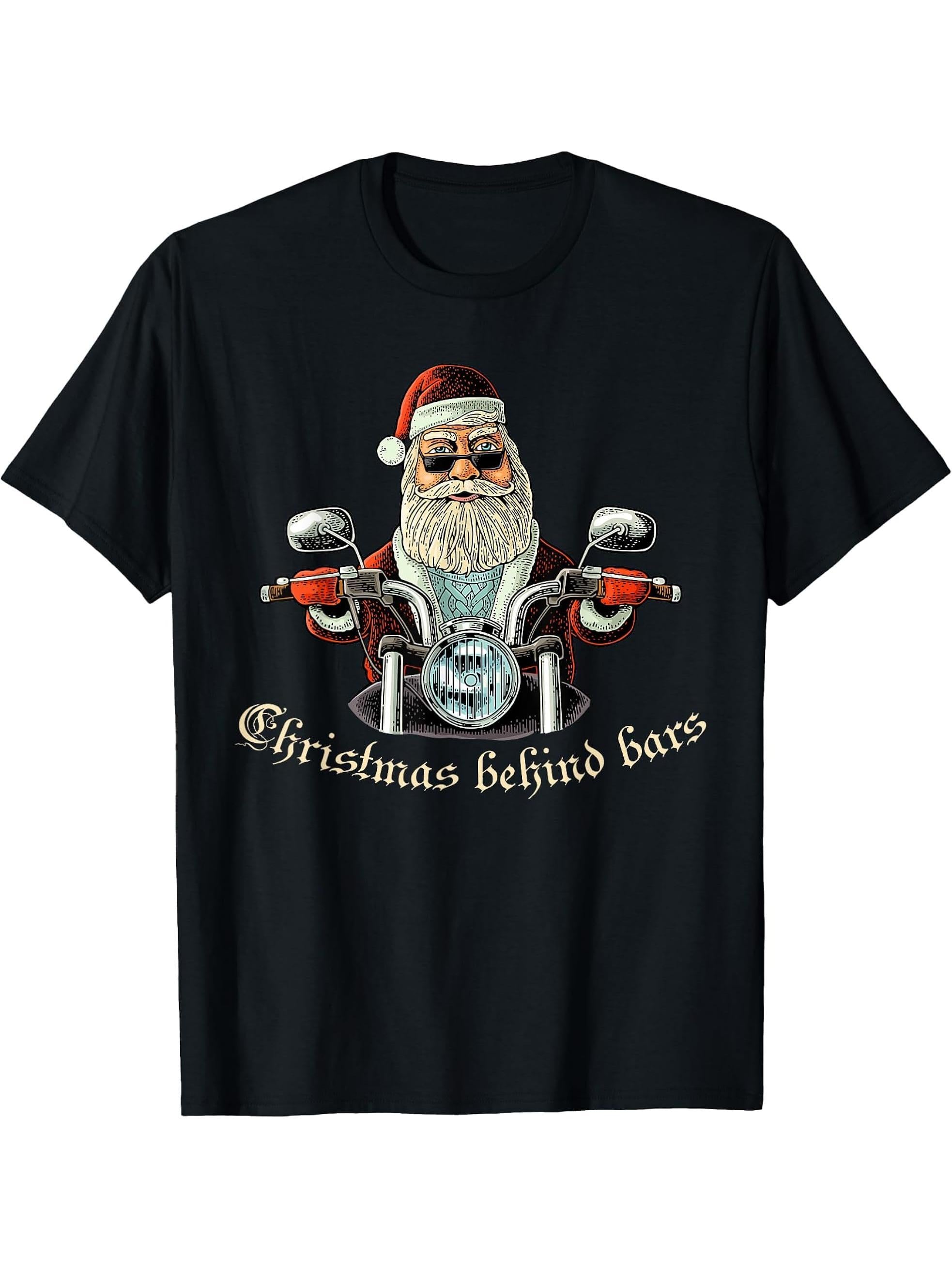 Christmas Behind Bars Biker T-Shirt - Santa Motorcycle Tee T-Shirt 180G 100% Cotton Printed Round Neck Short-Sleeve T-Shirt, Gifts for Men Dad Husband Grandpa, S-XXXL, Black