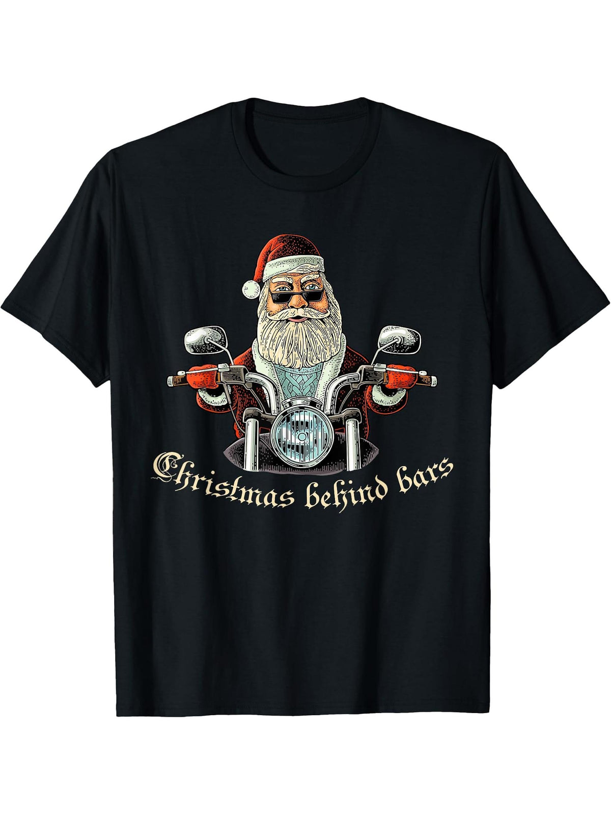 Christmas Behind Bars Biker T-Shirt - Santa Motorcycle Tee T-Shirt 180G 100% Cotton Printed Round Neck Short-Sleeve T-Shirt, Gifts for Men Dad Husband Grandpa, S-XXXL, Black