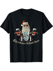 Christmas Behind Bars Biker T-Shirt - Santa Motorcycle Tee T-Shirt 180G 100% Cotton Printed Round Neck Short-Sleeve T-Shirt, Gifts for Men Dad Husband Grandpa, S-XXXL, Black