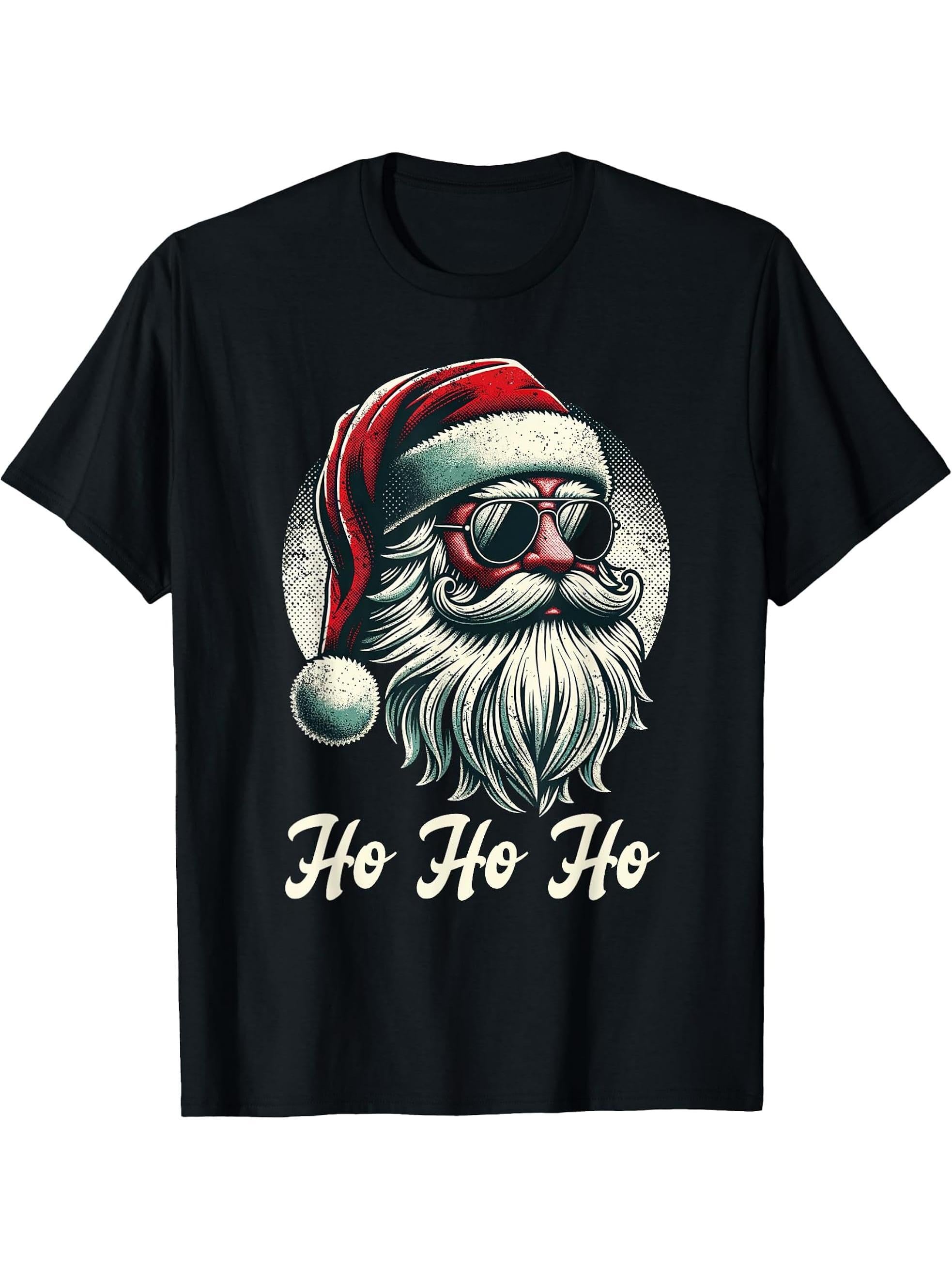Vintage Santa Claus Christmas Illustration T-Shirt 180G 100% Cotton Printed Round Neck Short-Sleeve T-Shirt, Gifts for Men Dad Husband Grandpa, S-XXXL, Black