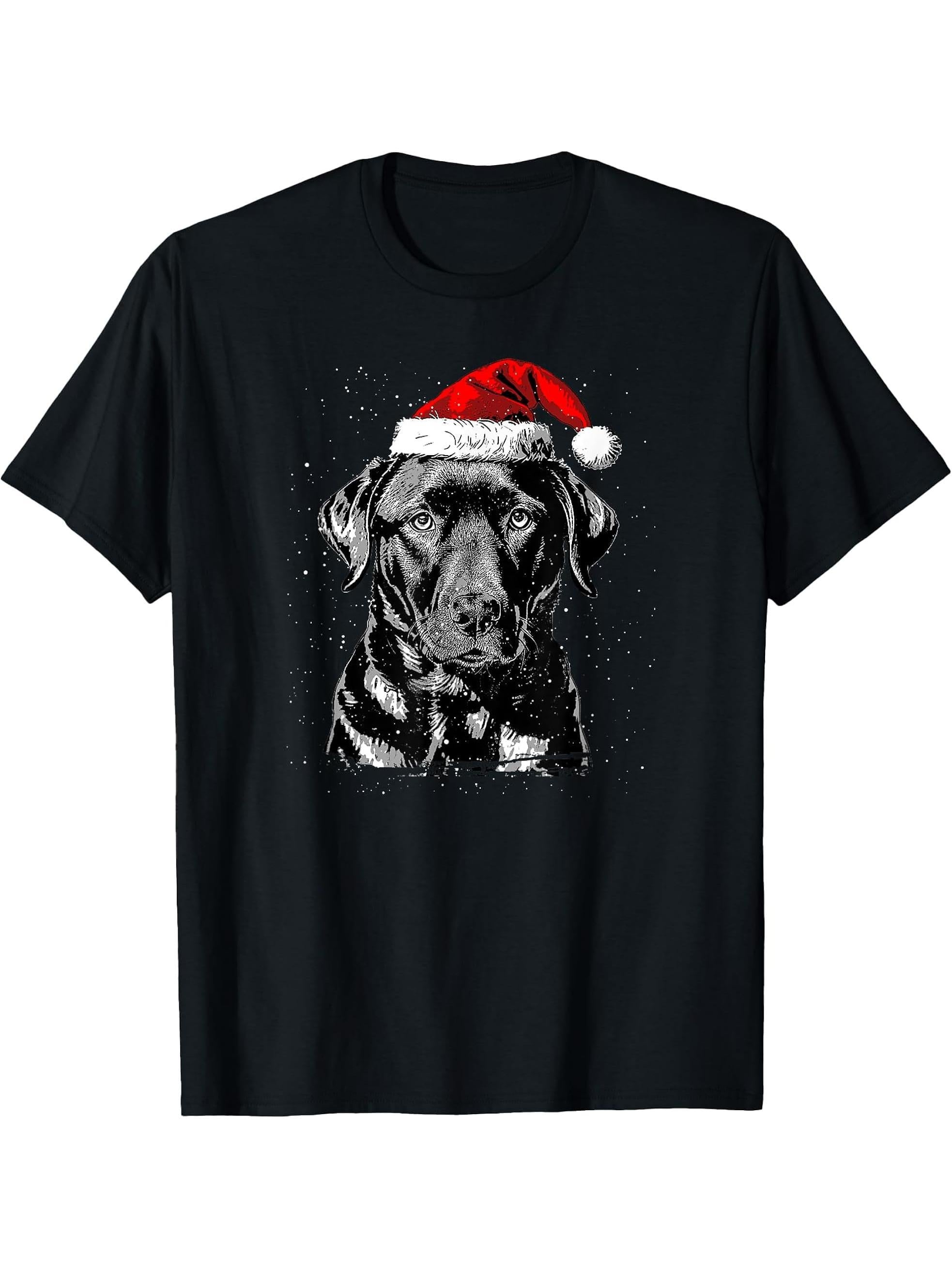 Labrador Retriever Santa Claus Hat Merry Christmas Dog X-Mas T-Shirt 180G 100% Cotton Printed Round Neck Short-Sleeve T-Shirt, Gifts for Men Dad Husband Grandpa, S-XXXL, Black