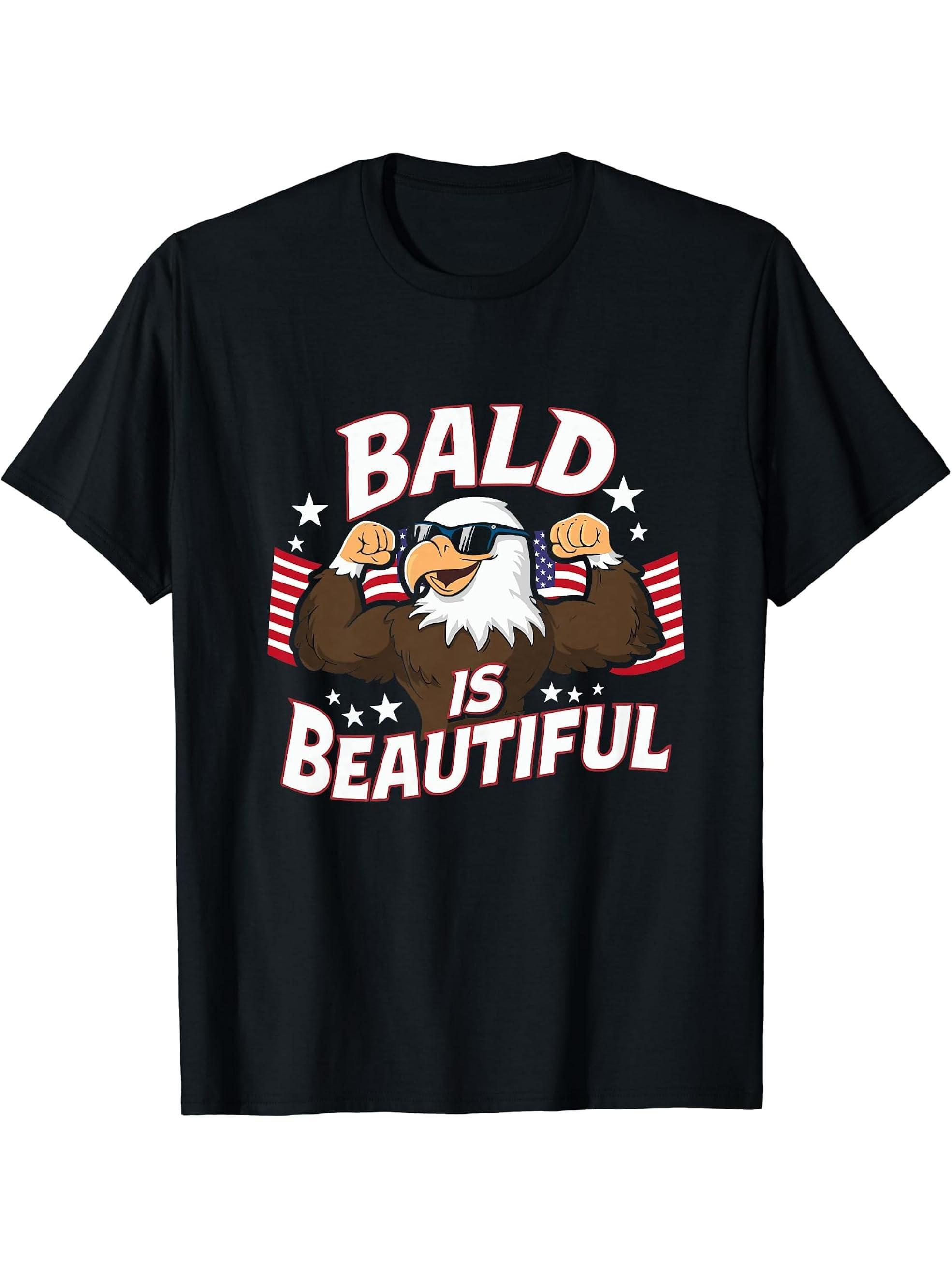 Bald Is Beautiful 4th of July Independence Day Bald Eagle T-Shirt 180G 100% Cotton Printed Round Neck Short-Sleeve T-Shirt, Gifts for Men Dad Husband Grandpa, S-XXXL, Black