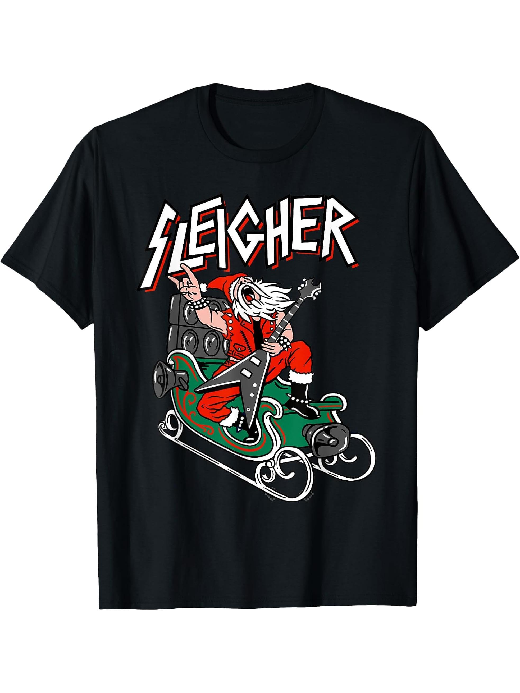 Ugly Christmas Sweater Sleigher - Heavy Metal Santa T-Shirt 180G 100% Cotton Printed Round Neck Short-Sleeve T-Shirt, Gifts for Men Dad Husband Grandpa, S-XXXL, Black