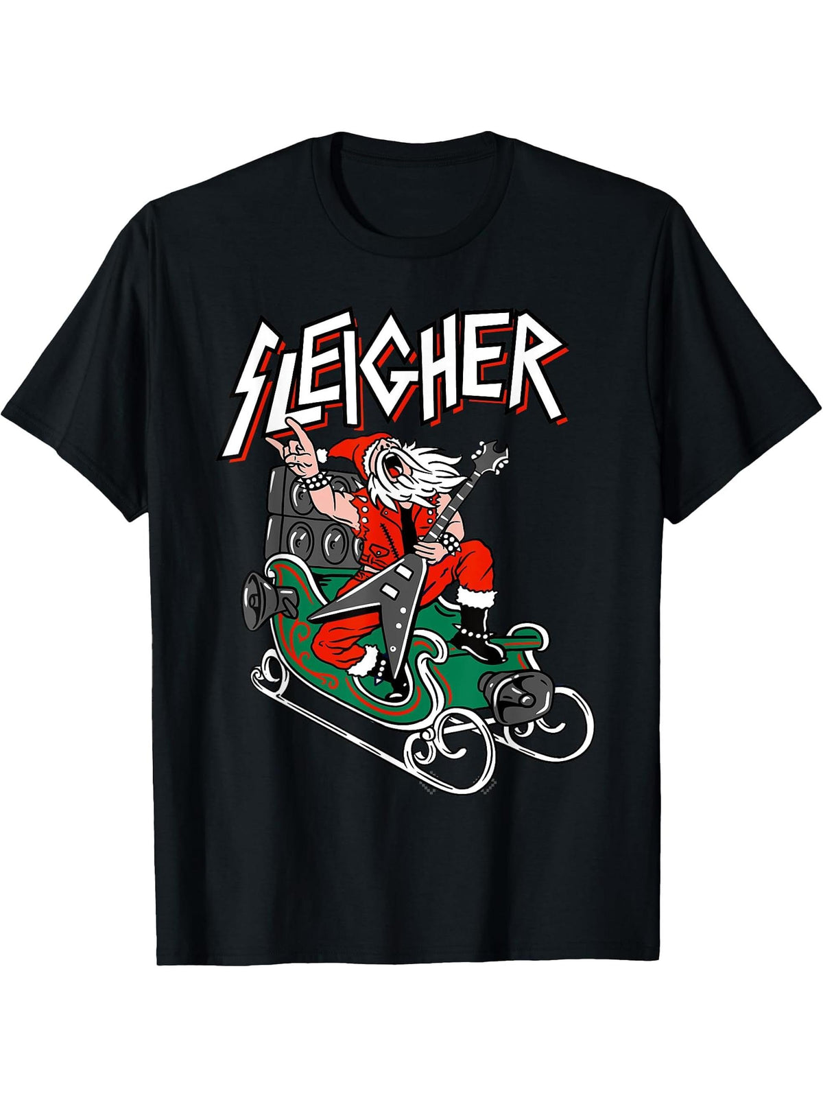 Ugly Christmas Sweater Sleigher - Heavy Metal Santa T-Shirt 180G 100% Cotton Printed Round Neck Short-Sleeve T-Shirt, Gifts for Men Dad Husband Grandpa, S-XXXL, Black