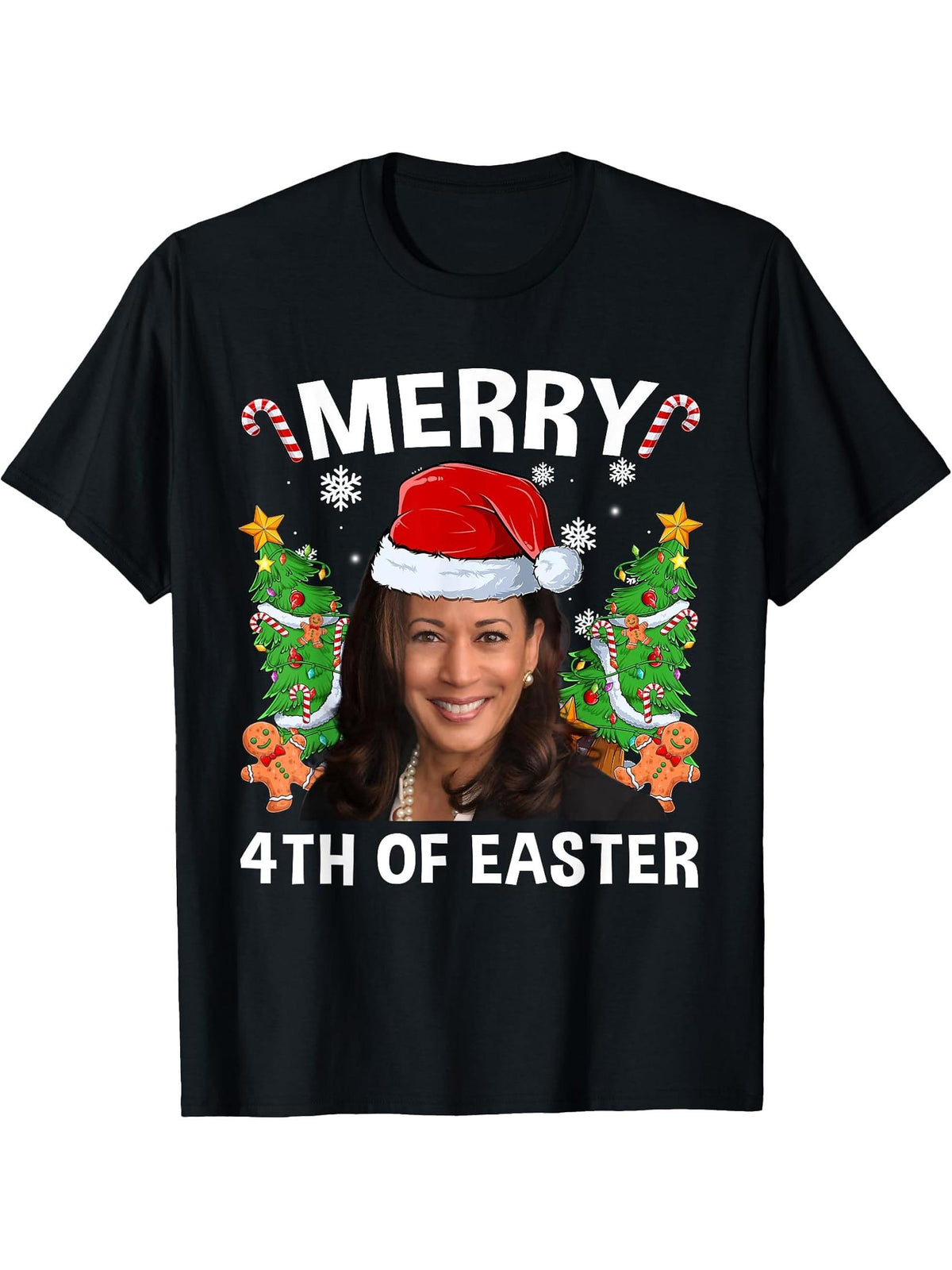 Funny Kamala Harris Christmas Santa Hat Merry 4th Of Easter T-Shirt 180G 100% Cotton Printed Round Neck Short-Sleeve T-Shirt, Gifts for Men Dad Husband Grandpa, S-XXXL, Black