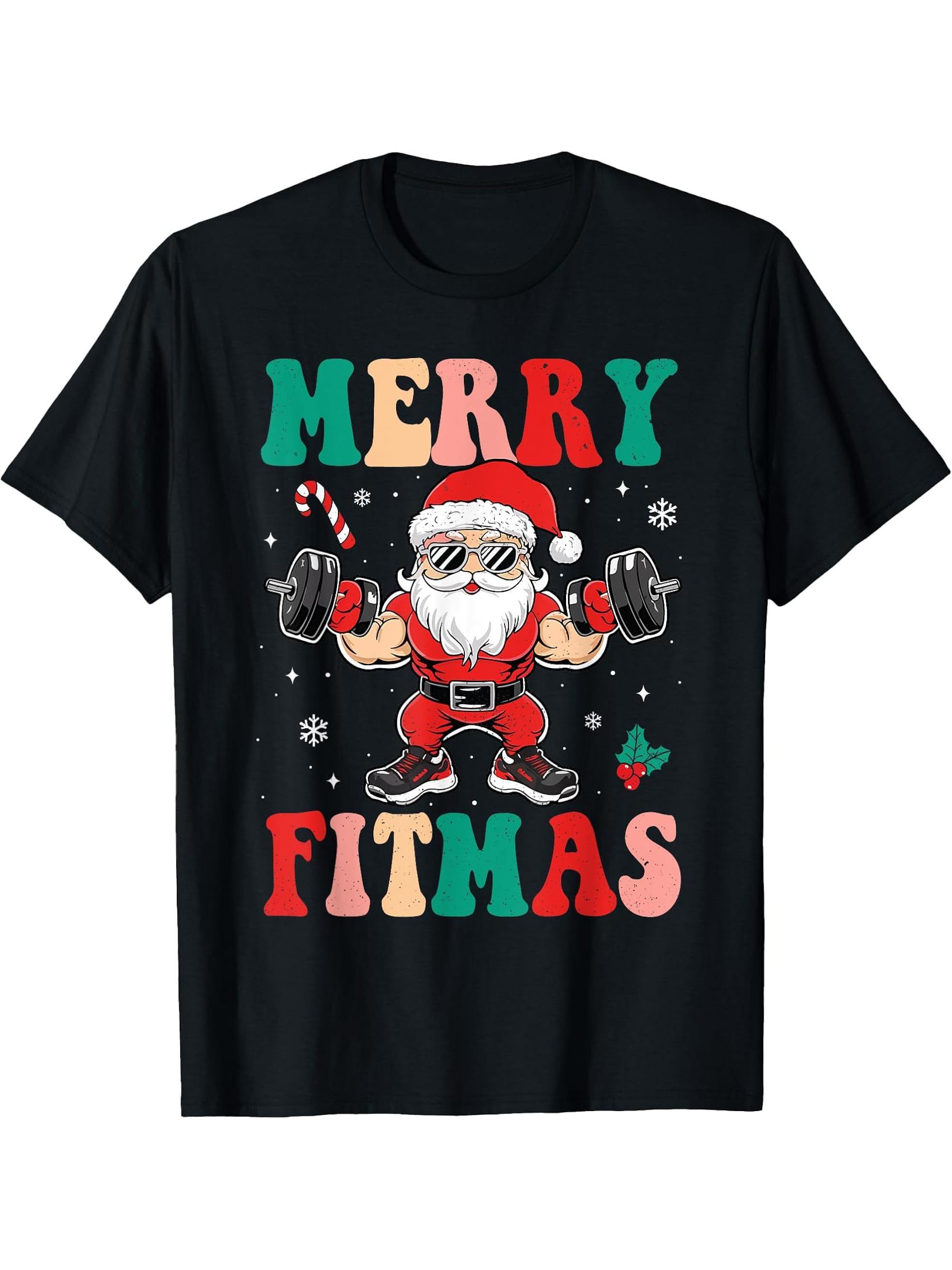 Christmas Santa Xmas Fitness Merry Fitmas Men Women T-Shirt 180G 100% Cotton Printed Round Neck Short-Sleeve T-Shirt, Gifts for Men Dad Husband Grandpa, S-XXXL, Black