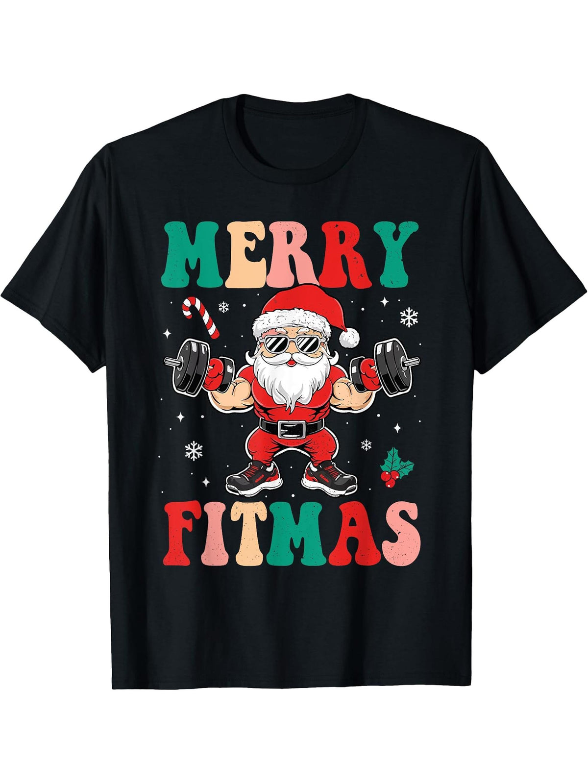 Christmas Santa Xmas Fitness Merry Fitmas Men Women T-Shirt 180G 100% Cotton Printed Round Neck Short-Sleeve T-Shirt, Gifts for Men Dad Husband Grandpa, S-XXXL, Black