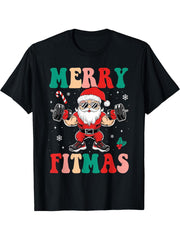 Christmas Santa Xmas Fitness Merry Fitmas Men Women T-Shirt 180G 100% Cotton Printed Round Neck Short-Sleeve T-Shirt, Gifts for Men Dad Husband Grandpa, S-XXXL, Black