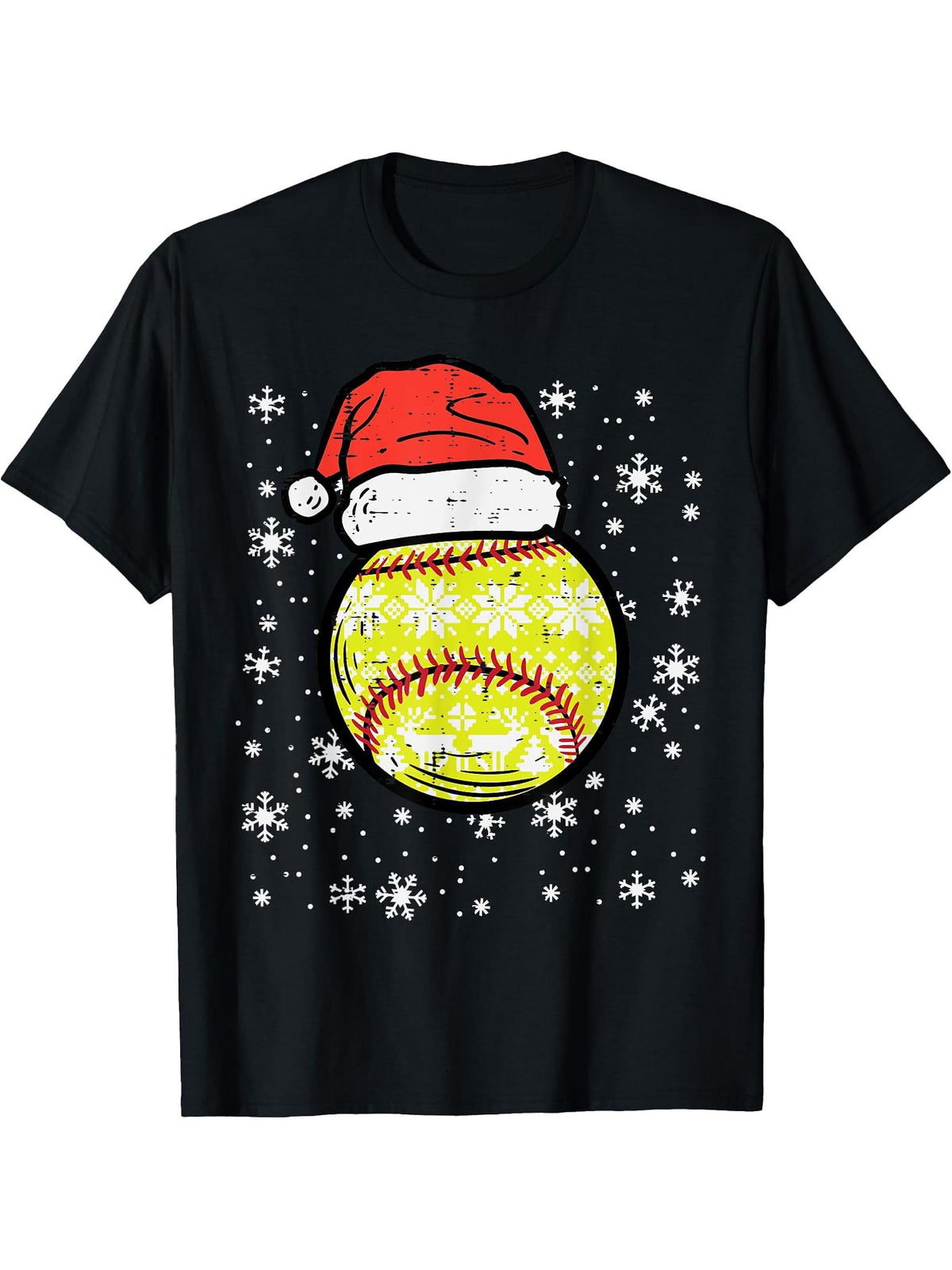 Christmas Softball Santa Xmas Sports Men Women Boy Girl Girls T-Shirt 180G 100% Cotton Printed Round Neck Short-Sleeve T-Shirt, Gifts for Men Dad Husband Grandpa, S-XXXL, Black