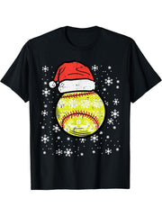 Christmas Softball Santa Xmas Sports Men Women Boy Girl Girls T-Shirt 180G 100% Cotton Printed Round Neck Short-Sleeve T-Shirt, Gifts for Men Dad Husband Grandpa, S-XXXL, Black