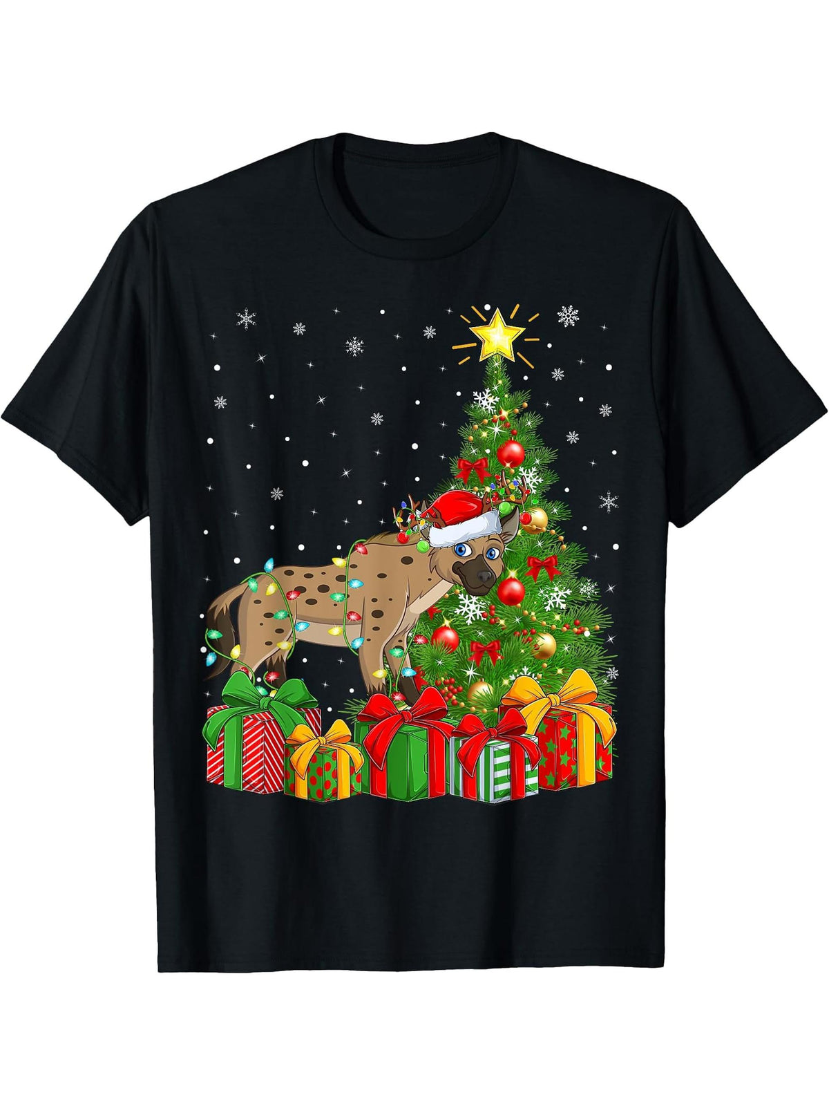 Hyena Xmas Tree Lighting Santa Hat Hyena Christmas T-Shirt 180G 100% Cotton Printed Round Neck Short-Sleeve T-Shirt, Gifts for Men Dad Husband Grandpa, S-XXXL, Black