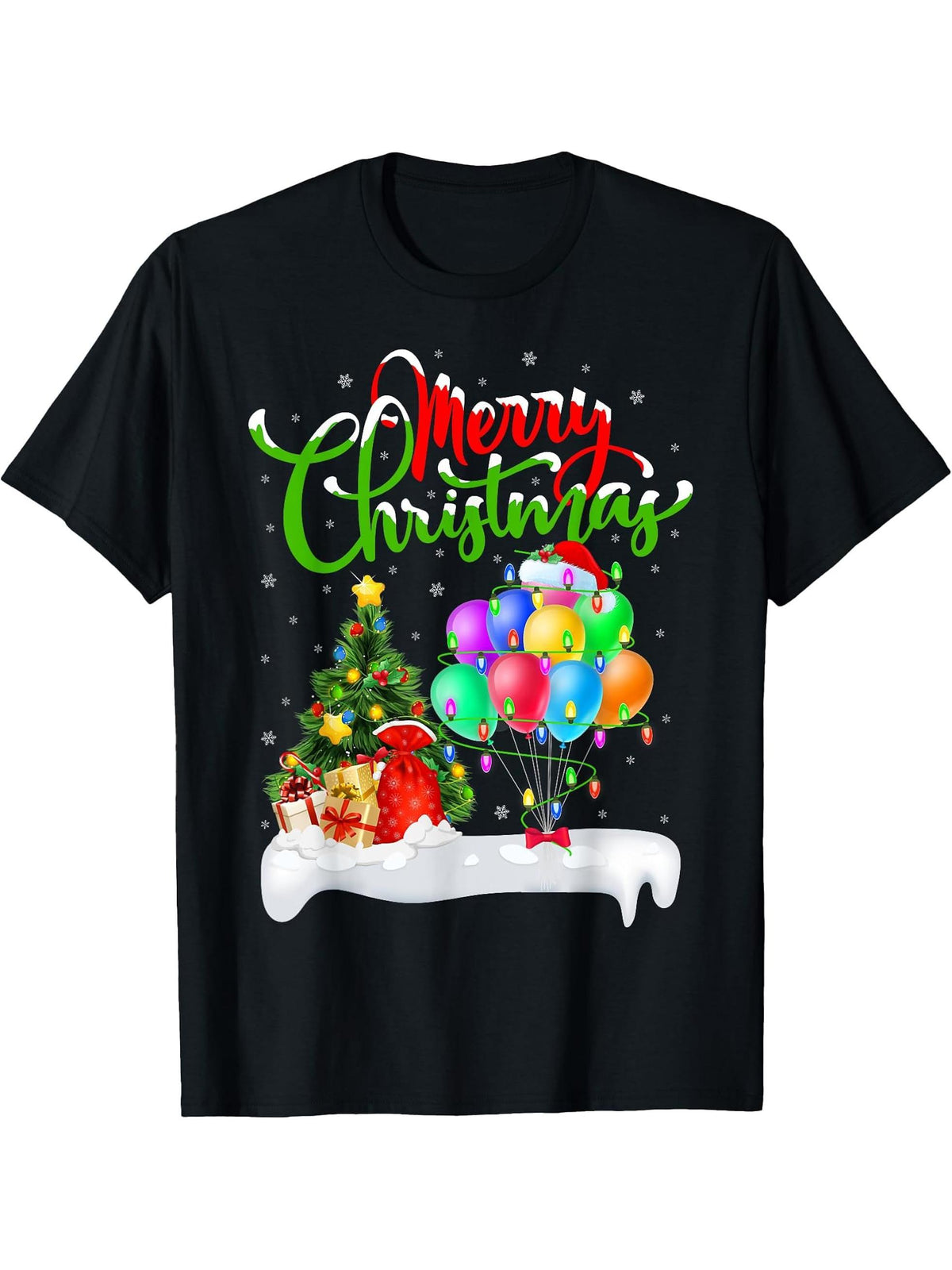 Xmas Tree Lighting Santa Hat Balloon Christmas T-Shirt 180G 100% Cotton Printed Round Neck Short-Sleeve T-Shirt, Gifts for Men Dad Husband Grandpa, S-XXXL, Black