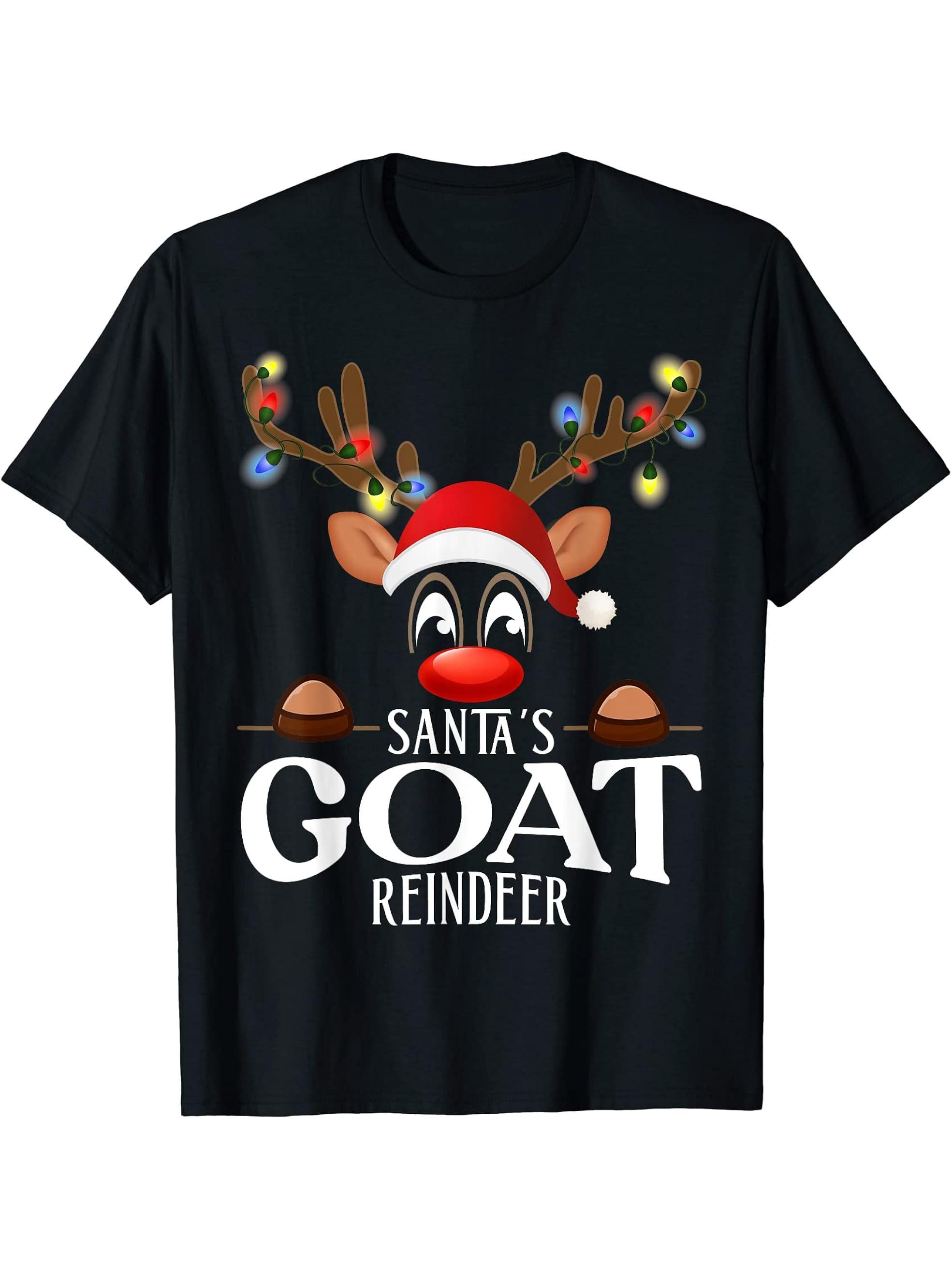 Santa's Goat Reindeer Funny XMas Matching PJS T-Shirt 180G 100% Cotton Printed Round Neck Short-Sleeve T-Shirt, Gifts for Men Dad Husband Grandpa, S-XXXL, Black