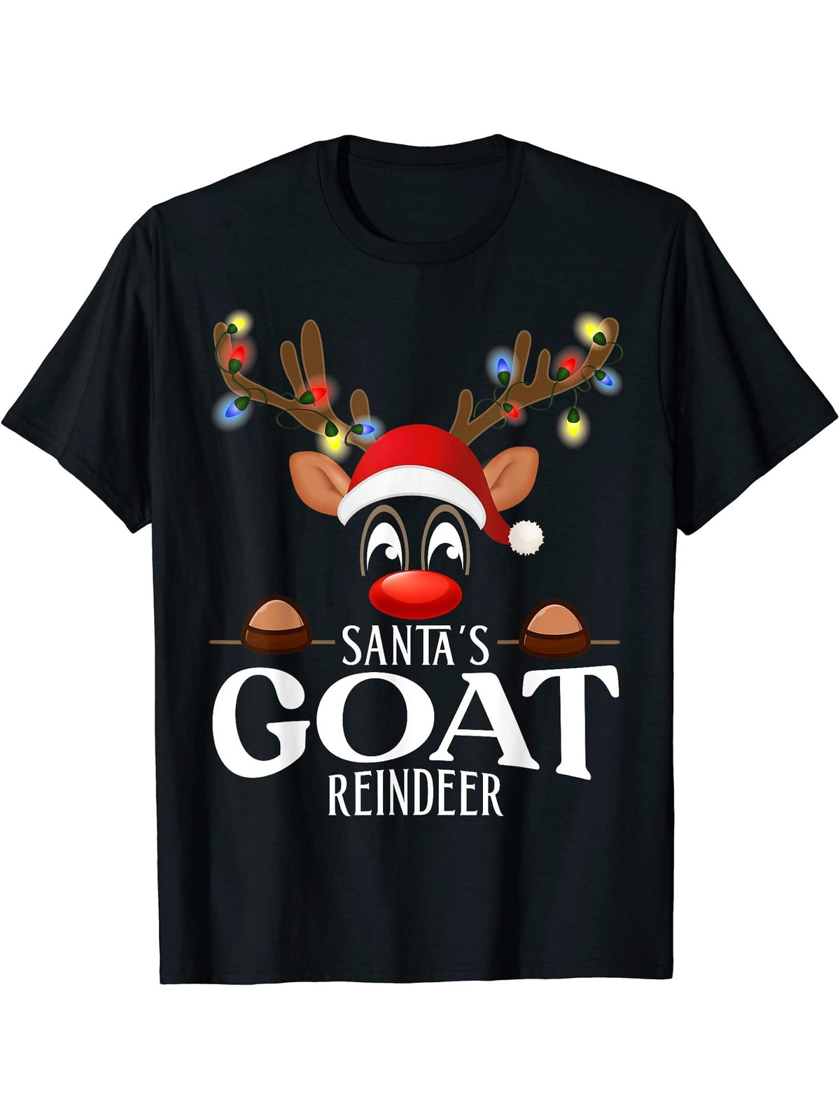 Santa's Goat Reindeer Funny XMas Matching PJS T-Shirt 180G 100% Cotton Printed Round Neck Short-Sleeve T-Shirt, Gifts for Men Dad Husband Grandpa, S-XXXL, Black
