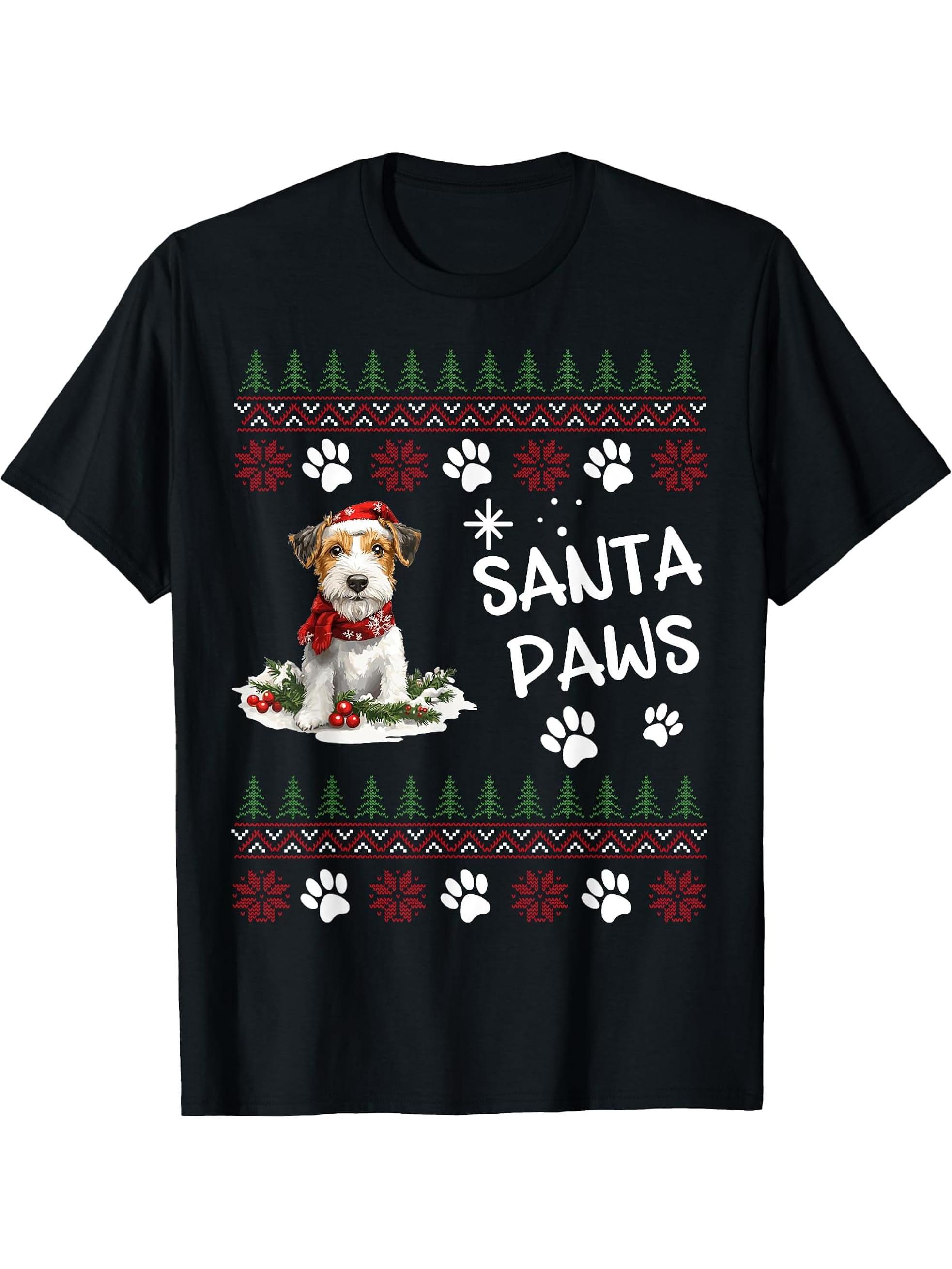 Cute Wire Fox Terrier Dog Ugly Christmas Santa Paws T-Shirt 180G 100% Cotton Printed Round Neck Short-Sleeve T-Shirt, Gifts for Men Dad Husband Grandpa, S-XXXL, Black