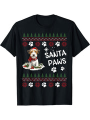 Cute Wire Fox Terrier Dog Ugly Christmas Santa Paws T-Shirt 180G 100% Cotton Printed Round Neck Short-Sleeve T-Shirt, Gifts for Men Dad Husband Grandpa, S-XXXL, Black