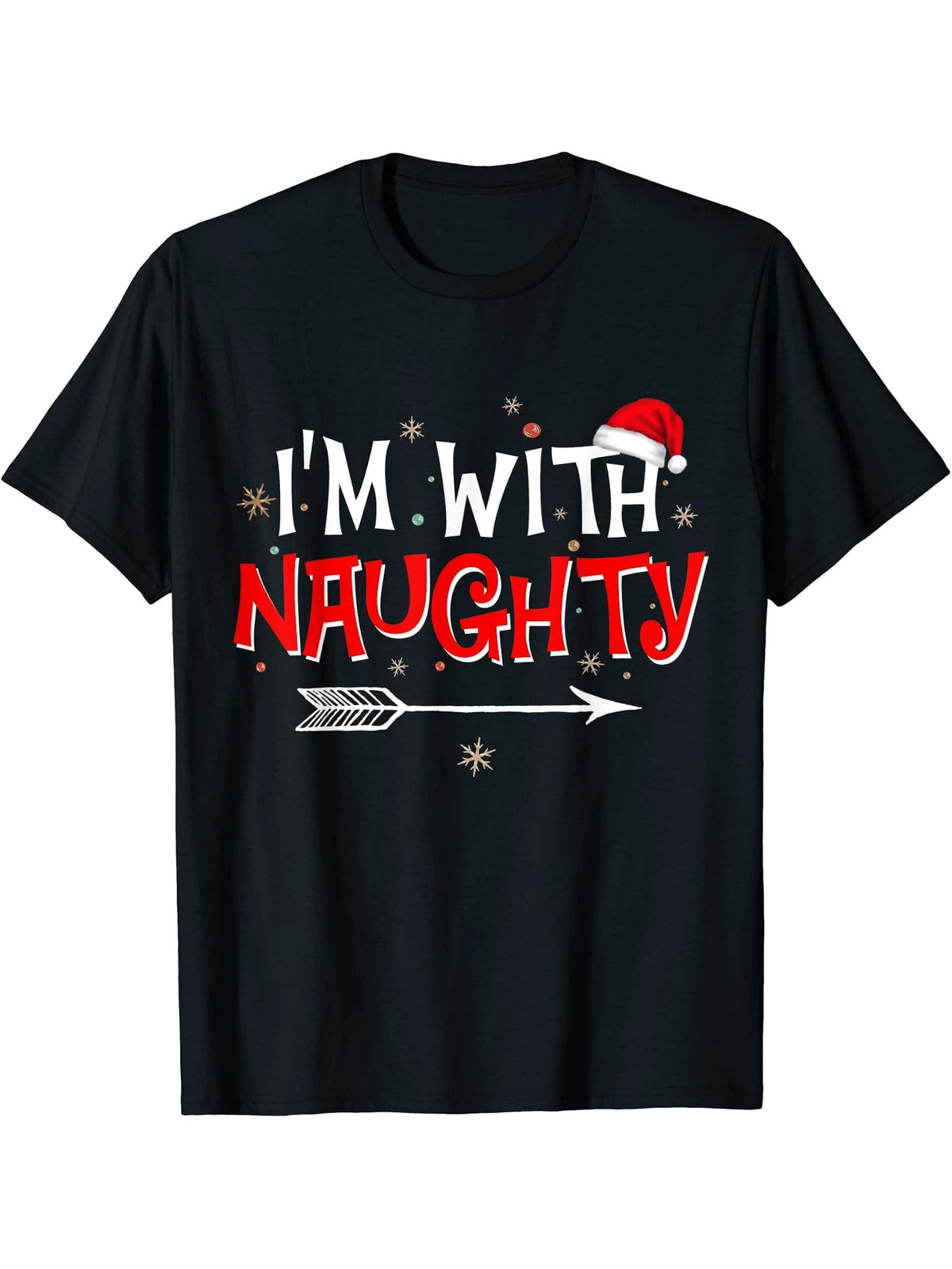 I'm With Naughty Matching Christmas Couples Costume Santa T-Shirt 180G 100% Cotton Printed Round Neck Short-Sleeve T-Shirt, Gifts for Men Dad Husband Grandpa, S-XXXL, Black