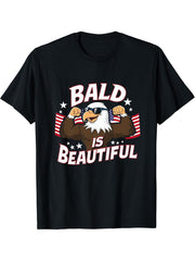 Bald Is Beautiful 4th of July Independence Day Bald Eagle T-Shirt 180G 100% Cotton Printed Round Neck Short-Sleeve T-Shirt, Gifts for Men Dad Husband Grandpa, S-XXXL, Black