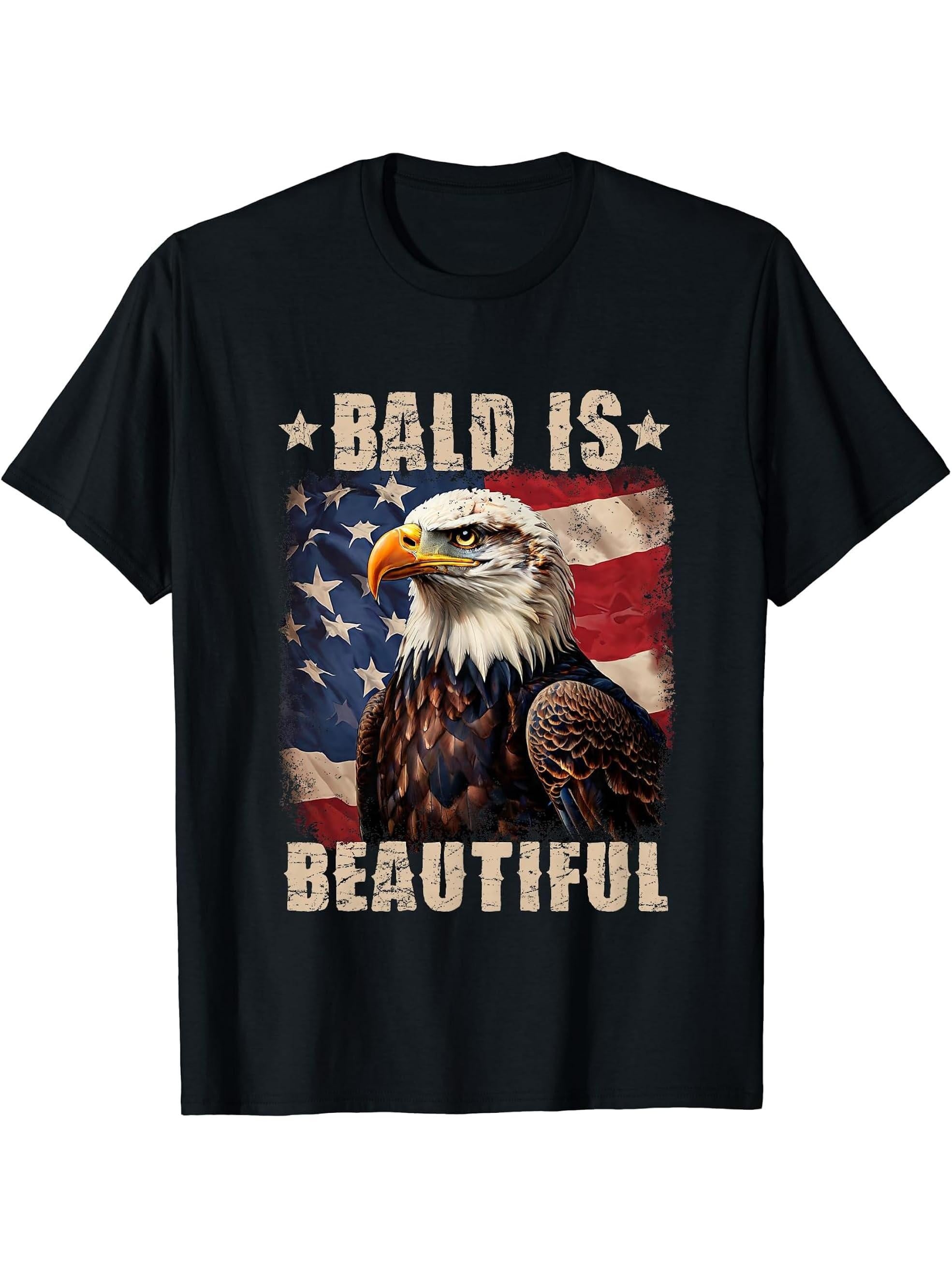 Bald Is Beautiful 4th of July Independence Day Bald Eagle T-Shirt 180G 100% Cotton Printed Round Neck Short-Sleeve T-Shirt, Gifts for Men Dad Husband Grandpa, S-XXXL, Black