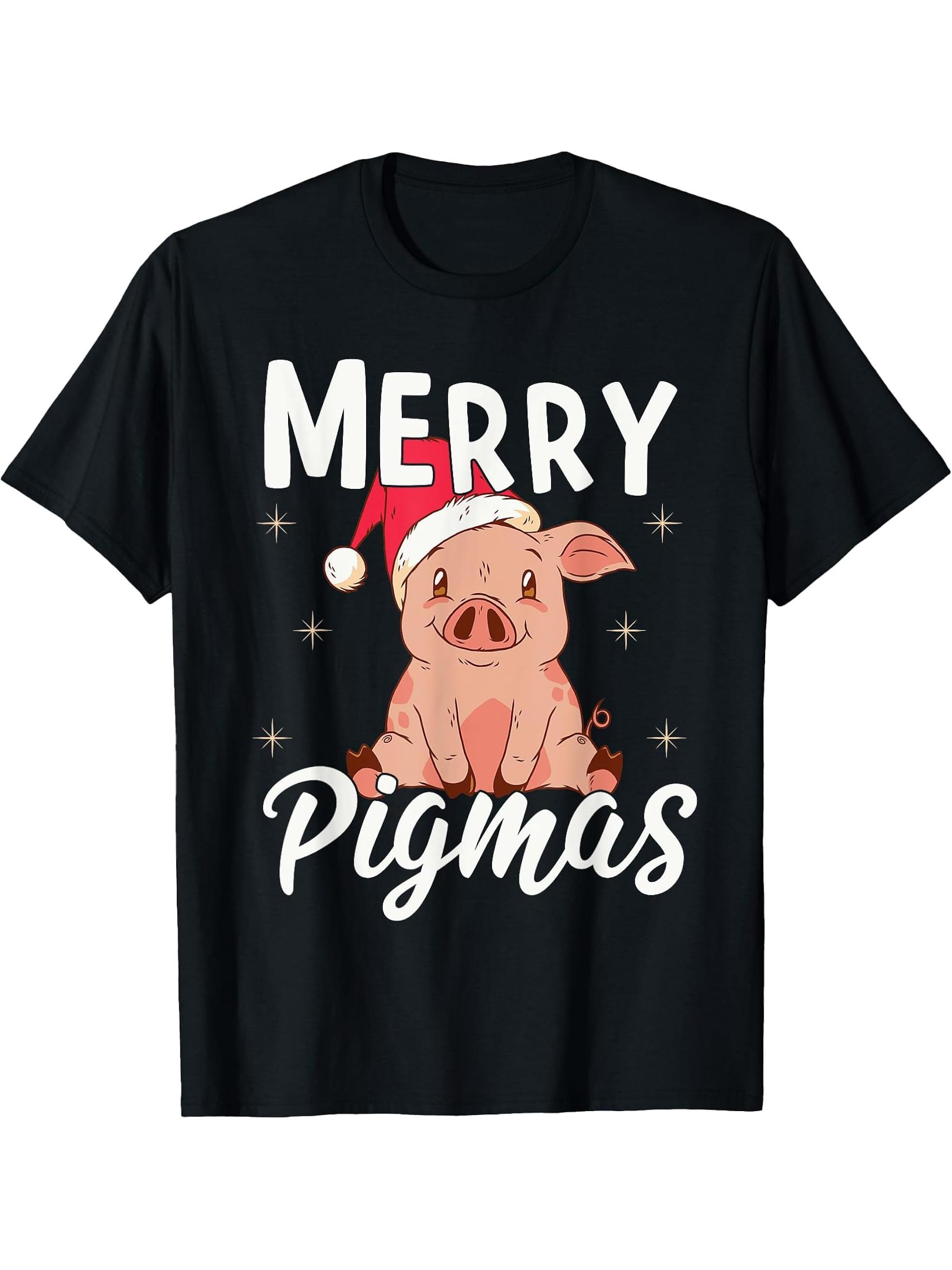 Merry Pigmas Santa Pig Lover Christmas T-Shirt 180G 100% Cotton Printed Round Neck Short-Sleeve T-Shirt, Gifts for Men Dad Husband Grandpa, S-XXXL, Black