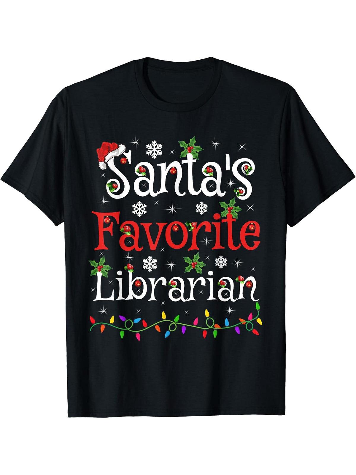 Librarian Xmas Gift Santa's Favorite Librarian Christmas T-Shirt 180G 100% Cotton Printed Round Neck Short-Sleeve T-Shirt, Gifts for Men Dad Husband Grandpa, S-XXXL, Black