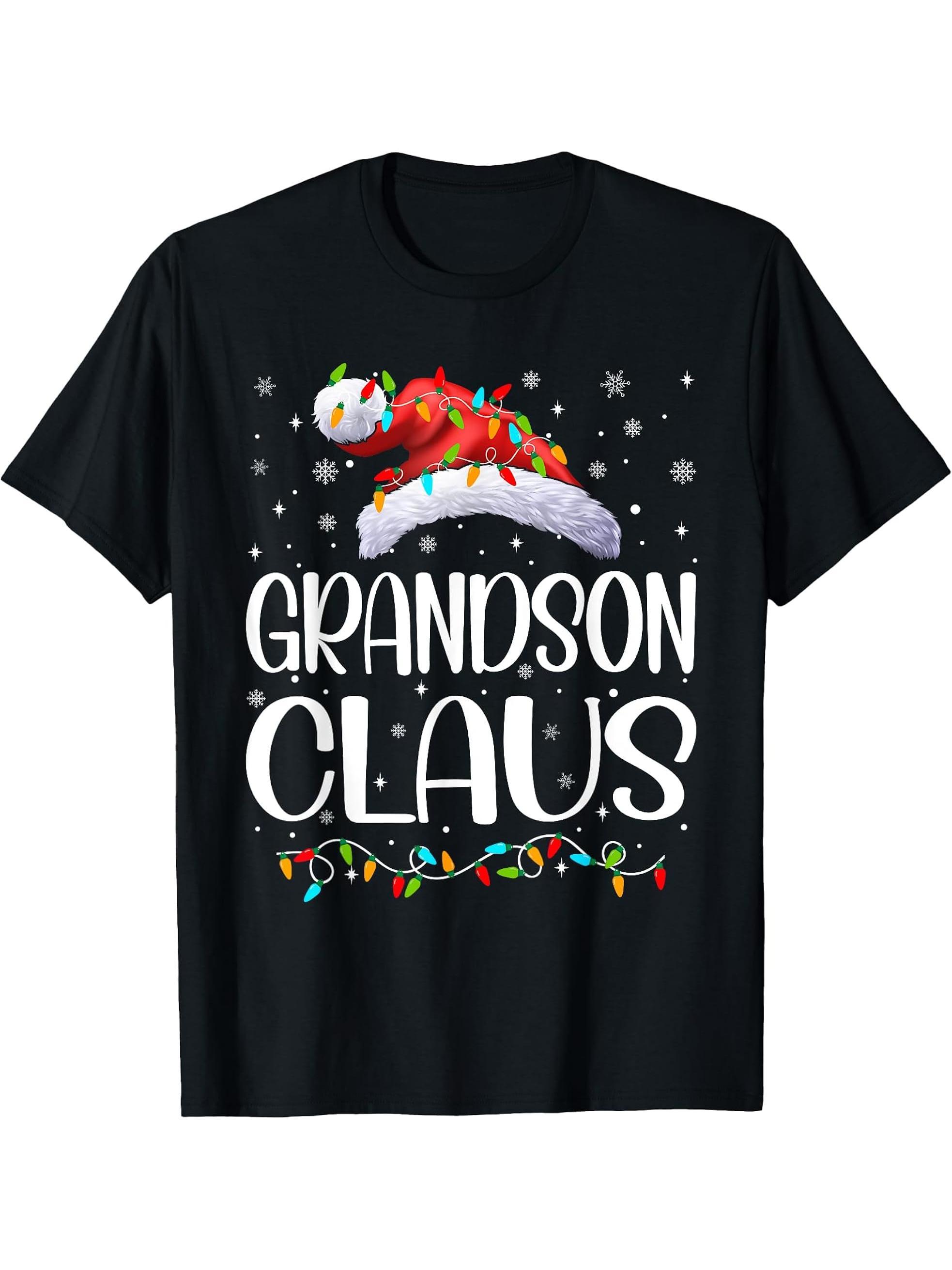 Grandson Claus Xmas Lights Christmas Pajama Matching Family T-Shirt 180G 100% Cotton Printed Round Neck Short-Sleeve T-Shirt, Gifts for Men Dad Husband Grandpa, S-XXXL, Black