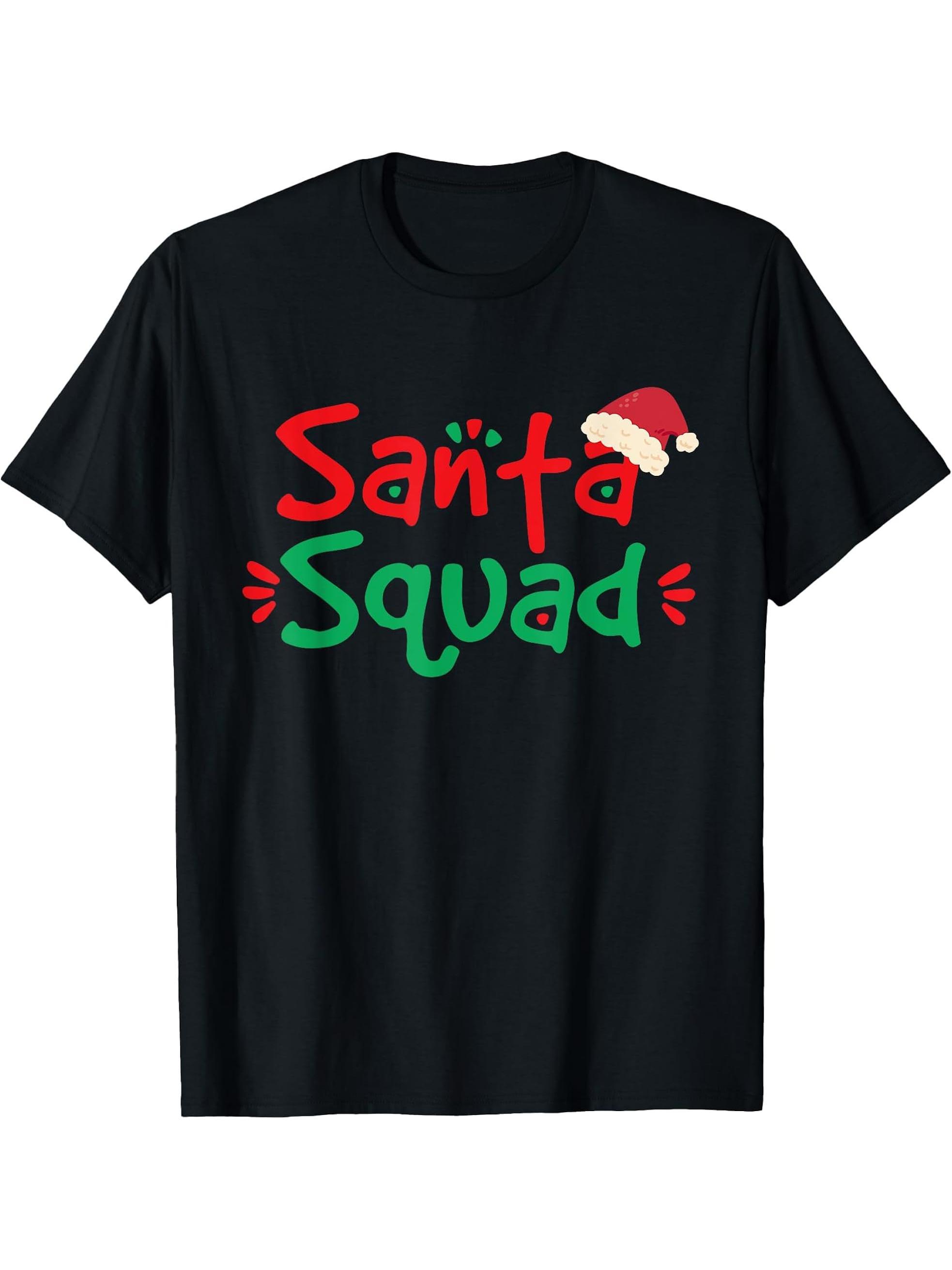 Santa Squad Christmas Squad Family Matching Xmas T-Shirt 180G 100% Cotton Printed Round Neck Short-Sleeve T-Shirt, Gifts for Men Dad Husband Grandpa, S-XXXL, Black