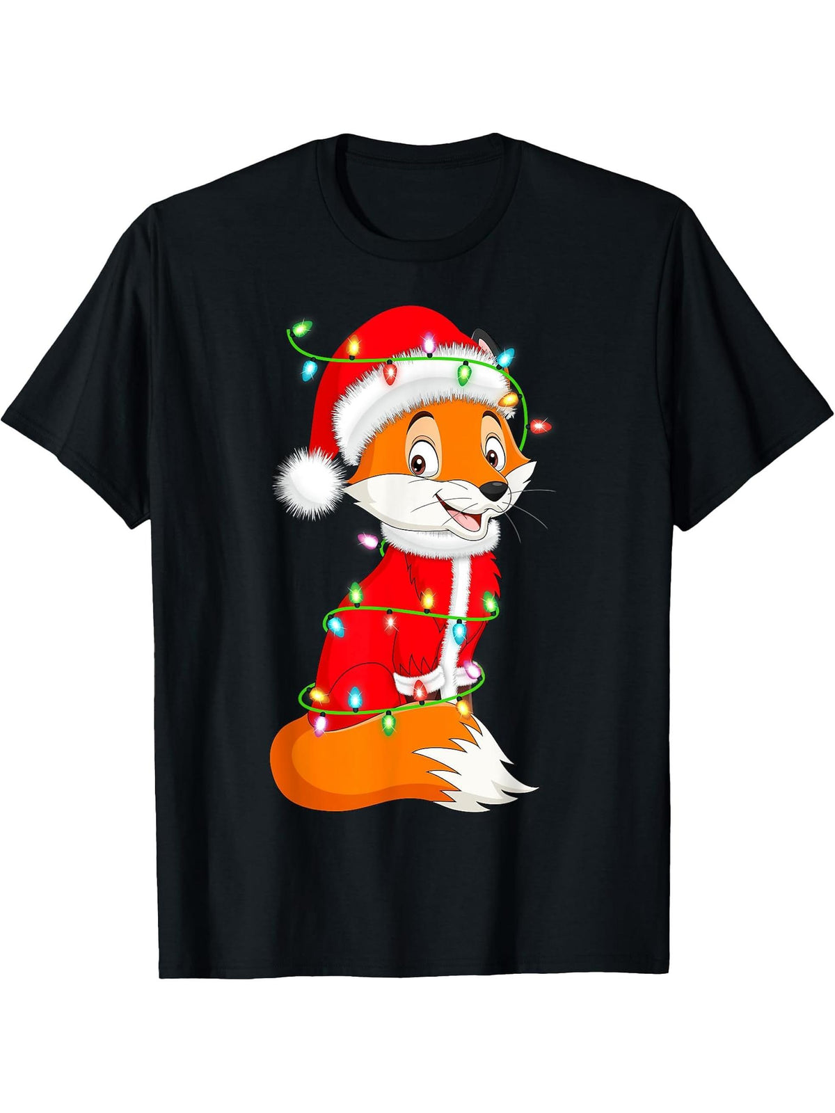 Fox Xmas Lighting Santa Costume Fox Christmas T-Shirt 180G 100% Cotton Printed Round Neck Short-Sleeve T-Shirt, Gifts for Men Dad Husband Grandpa, S-XXXL, Black