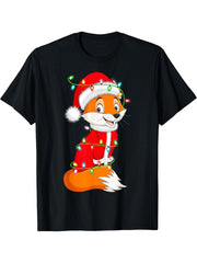 Fox Xmas Lighting Santa Costume Fox Christmas T-Shirt 180G 100% Cotton Printed Round Neck Short-Sleeve T-Shirt, Gifts for Men Dad Husband Grandpa, S-XXXL, Black