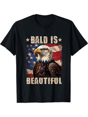 Bald Is Beautiful 4th of July Independence Day Bald Eagle T-Shirt 180G 100% Cotton Printed Round Neck Short-Sleeve T-Shirt, Gifts for Men Dad Husband Grandpa, S-XXXL, Black