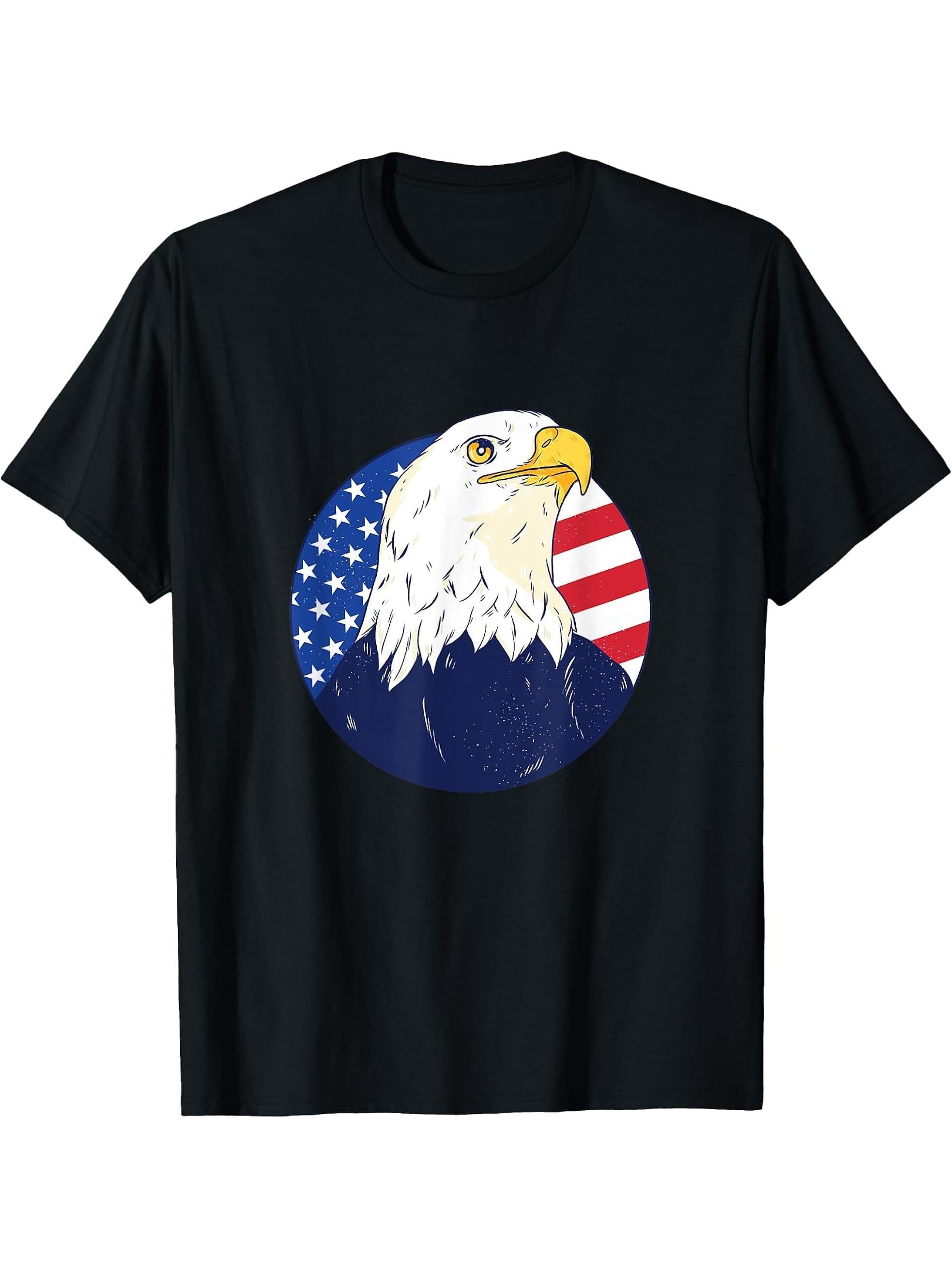 Bald Eagle in Front of American Flag 4th of July USA Graphic T-Shirt 180G 100% Cotton Printed Round Neck Short-Sleeve T-Shirt, Gifts for Men Dad Husband Grandpa, S-XXXL, Black