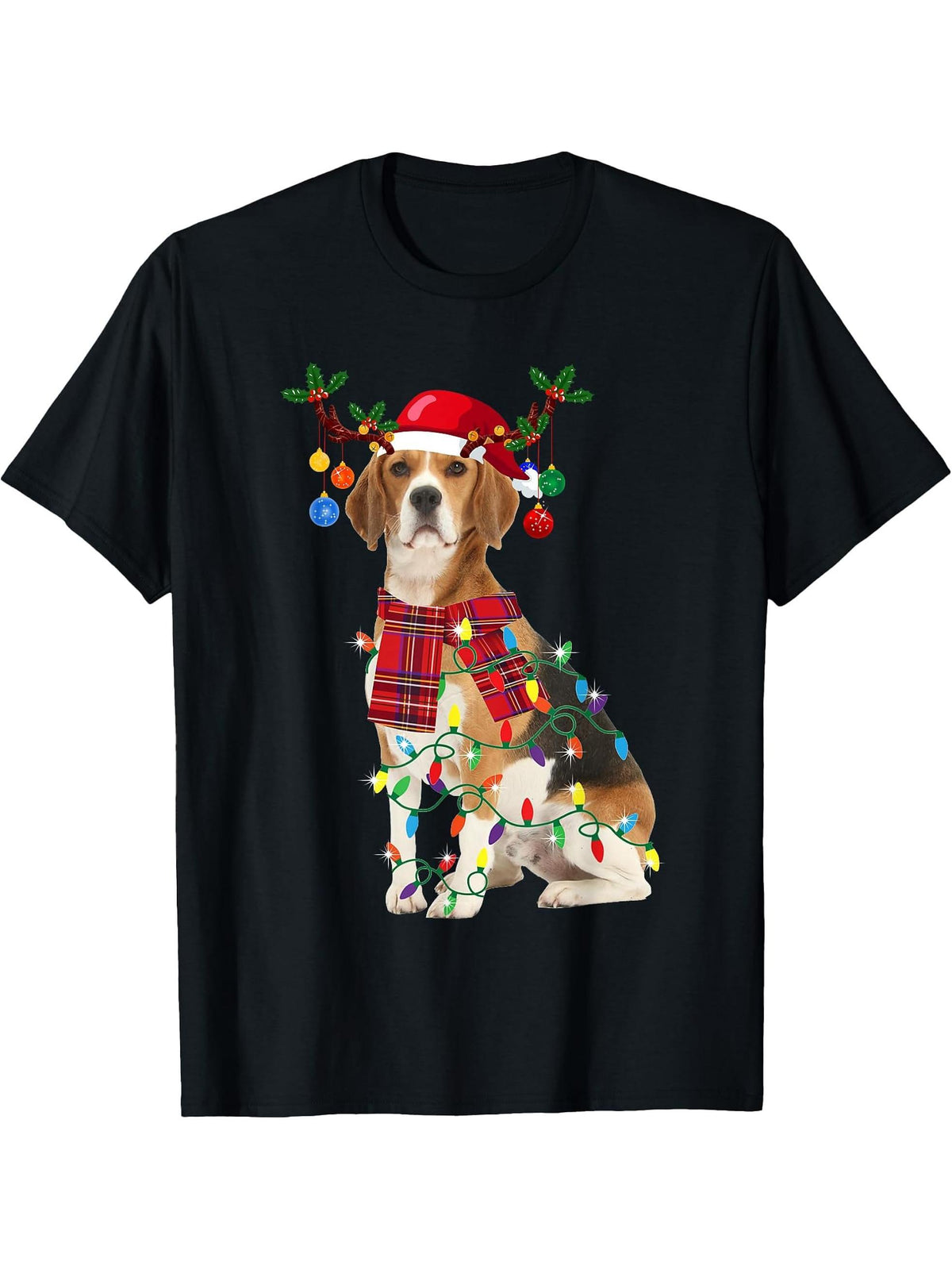 Santa Beagle Reindeer Light Christmas Happy Xmas Puggy Lover T-Shirt 180G 100% Cotton Printed Round Neck Short-Sleeve T-Shirt, Gifts for Men Dad Husband Grandpa, S-XXXL, Black