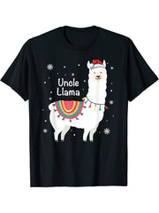 Uncle Llama Christmas Santa Hat Matching Family Xmas Pajamas T-Shirt 180G 100% Cotton Printed Round Neck Short-Sleeve T-Shirt, Gifts for Men Dad Husband Grandpa, S-XXXL, Black