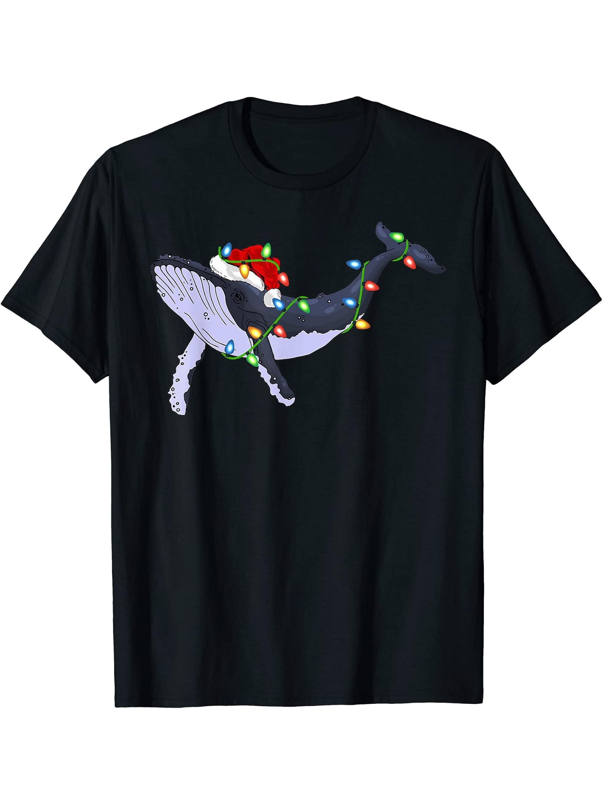 Humpback Whale Lover Xmas Santa Hat Humpback Whale Christmas T-Shirt 180G 100% Cotton Printed Round Neck Short-Sleeve T-Shirt, Gifts for Men Dad Husband Grandpa, S-XXXL, Black