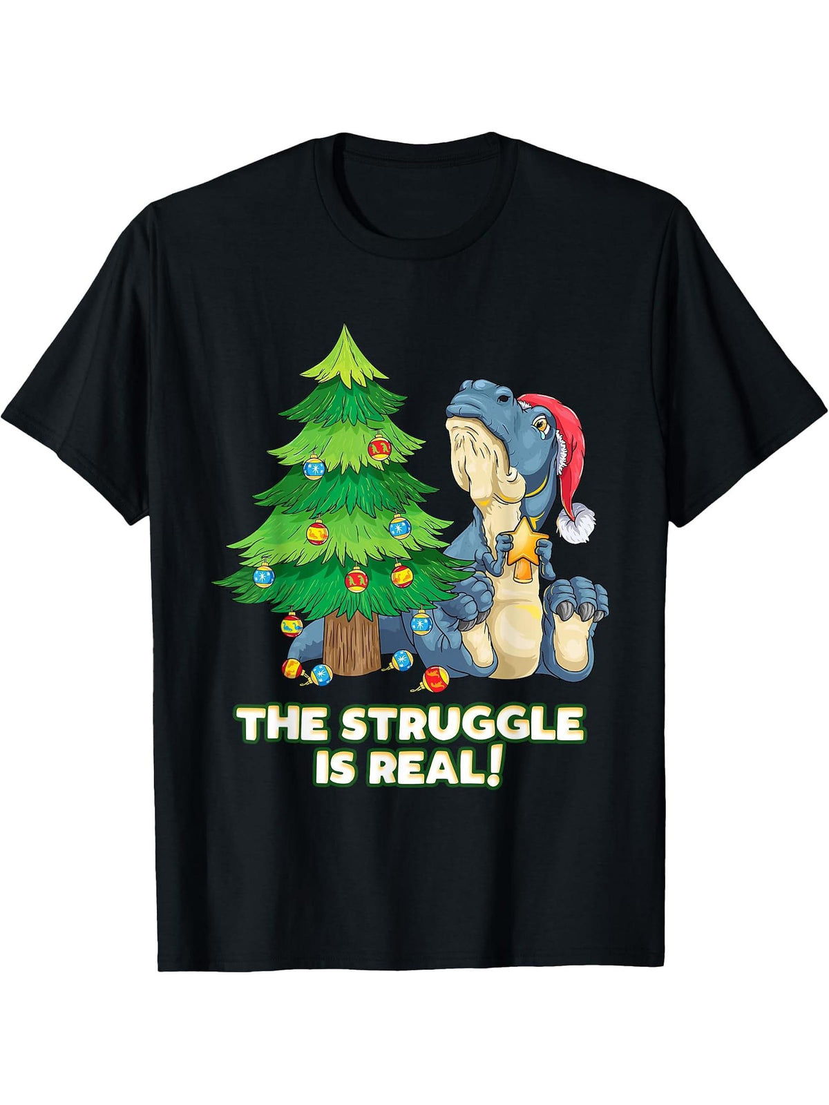 The struggle is real T-Rex Christmas tree Santa sweet Dino T-Shirt 180G 100% Cotton Printed Round Neck Short-Sleeve T-Shirt, Gifts for Men Dad Husband Grandpa, S-XXXL, Black