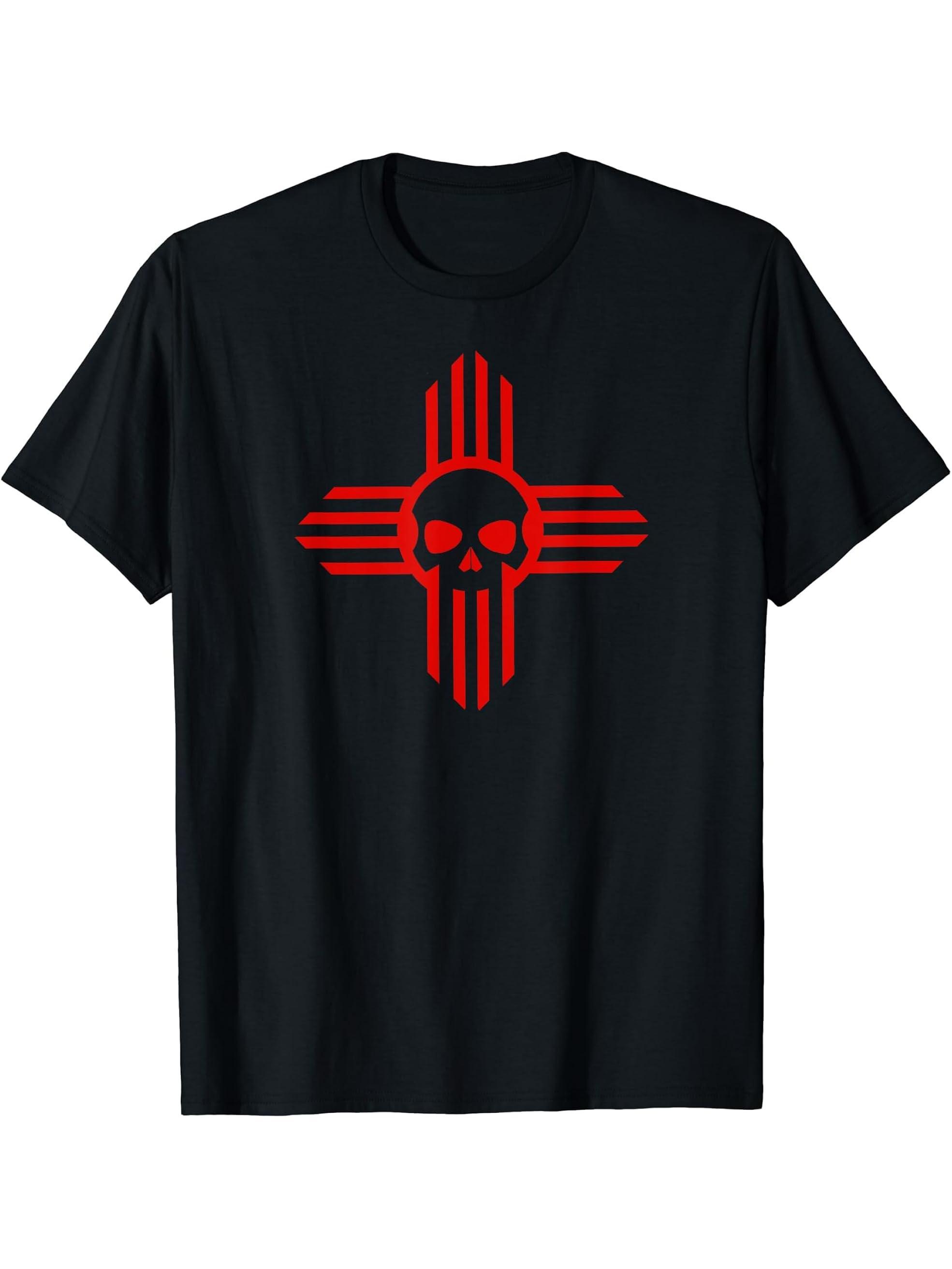 New Mexico Flag Zia Sun Skull T-shirt; State Pride Tee T-Shirt 180G 100% Cotton Printed Round Neck Short-Sleeve T-Shirt, Gifts for Men Dad Husband Grandpa, S-XXXL, Black