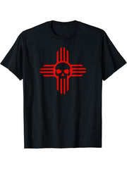 New Mexico Flag Zia Sun Skull T-shirt; State Pride Tee T-Shirt 180G 100% Cotton Printed Round Neck Short-Sleeve T-Shirt, Gifts for Men Dad Husband Grandpa, S-XXXL, Black